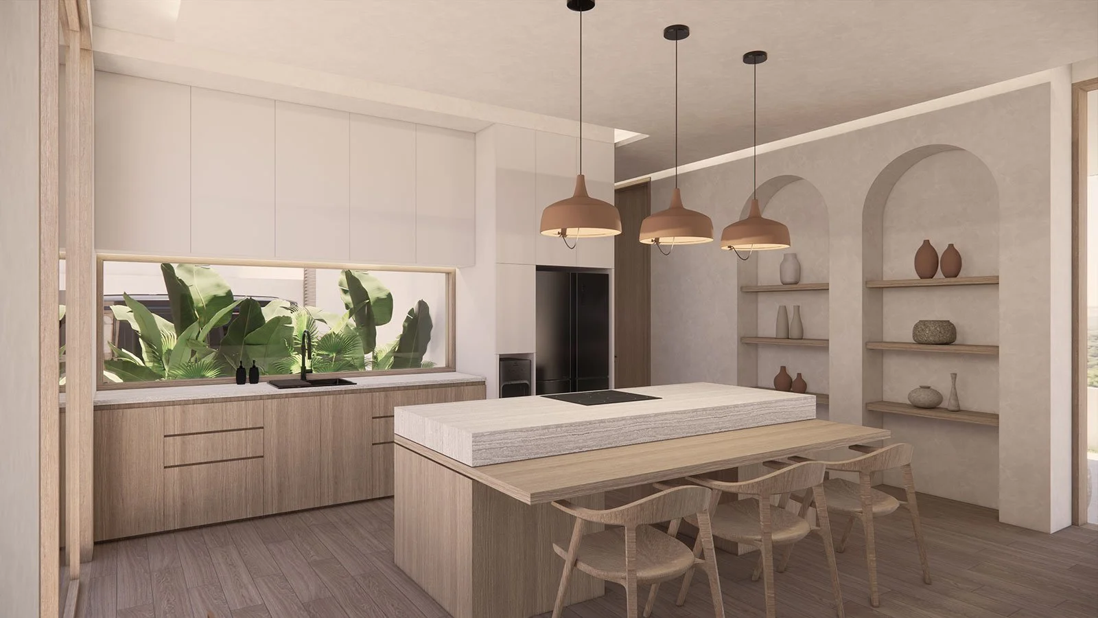 Modern kitchen with beige and wooden tones, featuring an island with a cooktop, hanging pendant lights, built-in cabinetry, a window overlooking greenery, and open shelving with decorative vases.