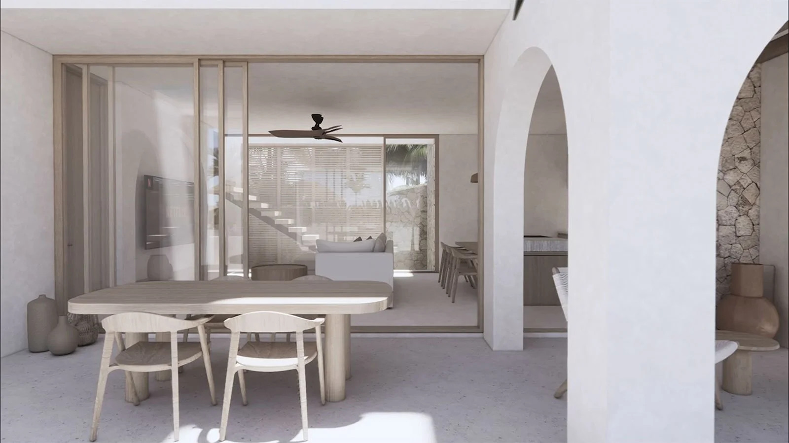 Interior of a modern, minimalist living and dining area with neutral tones, featuring a wooden dining table with chairs, decorative vases, a glass wall with a staircase outside, and a partial view of a kitchen.