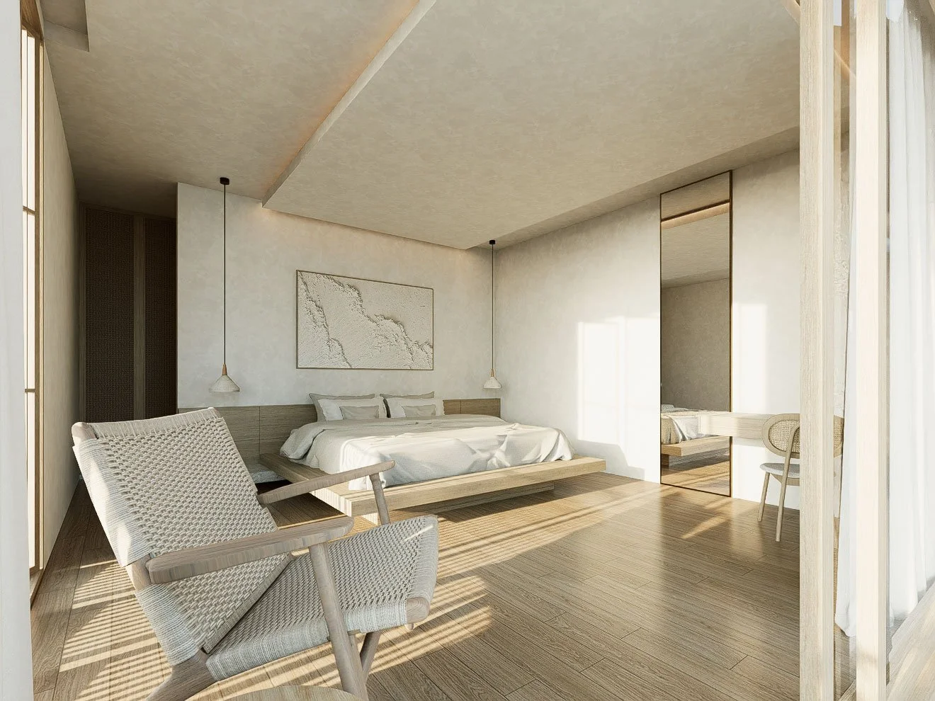 Minimalist bedroom with wooden furniture, a large bed, a sitting chair, and a mirror, hardwood floors, neutral colors, natural light.