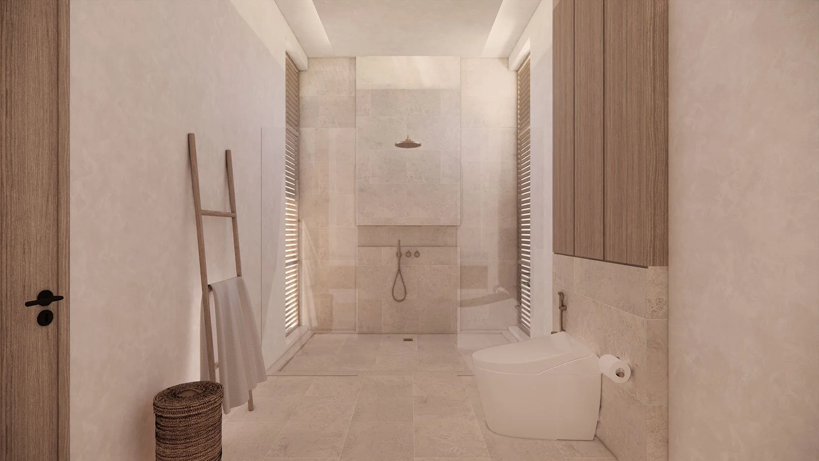 Modern bathroom with walk-in shower, wooden cabinets, toilet, and beige tiled floors and walls.