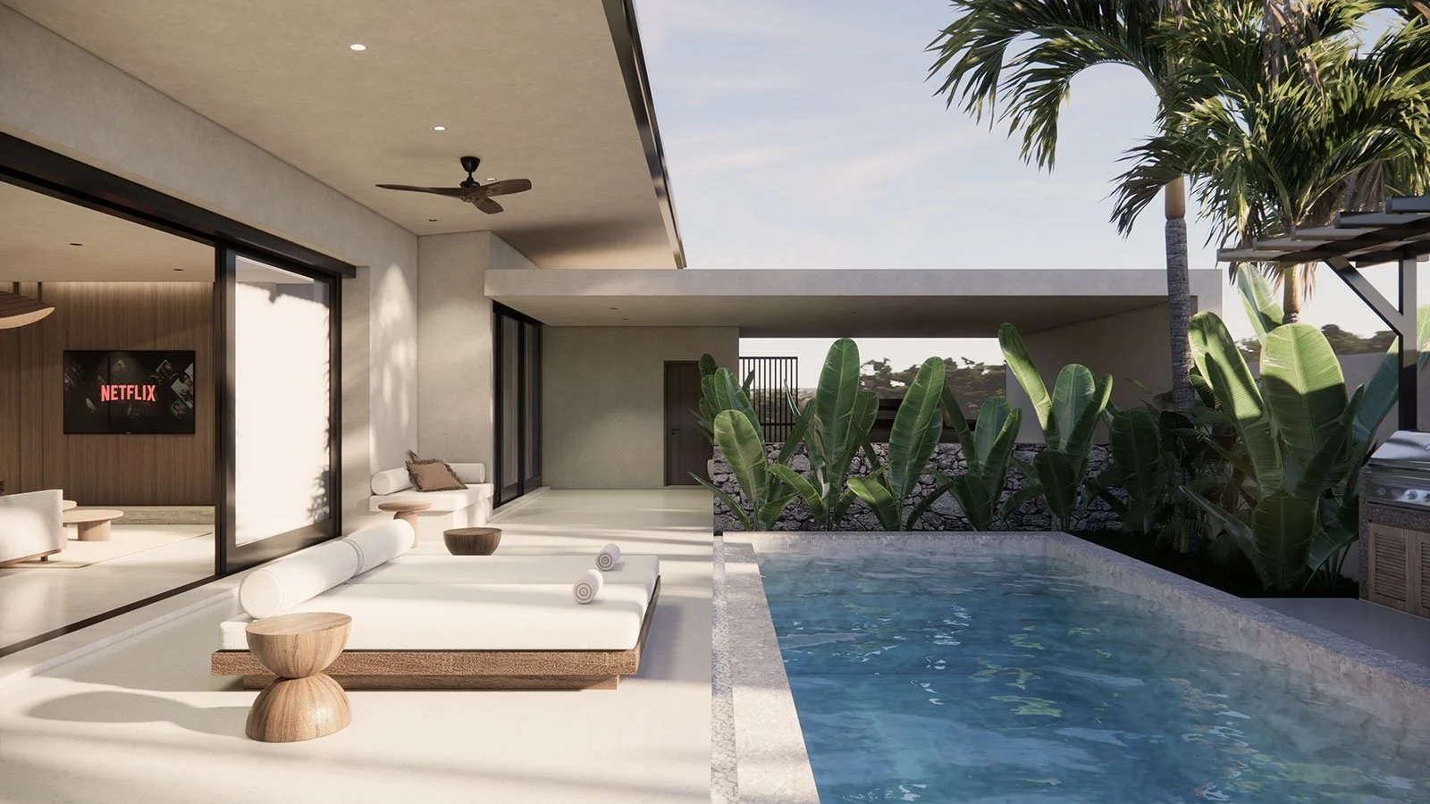 Modern outdoor patio with a swimming pool, lounge chairs, and tropical plants, overlooking a clear sky.