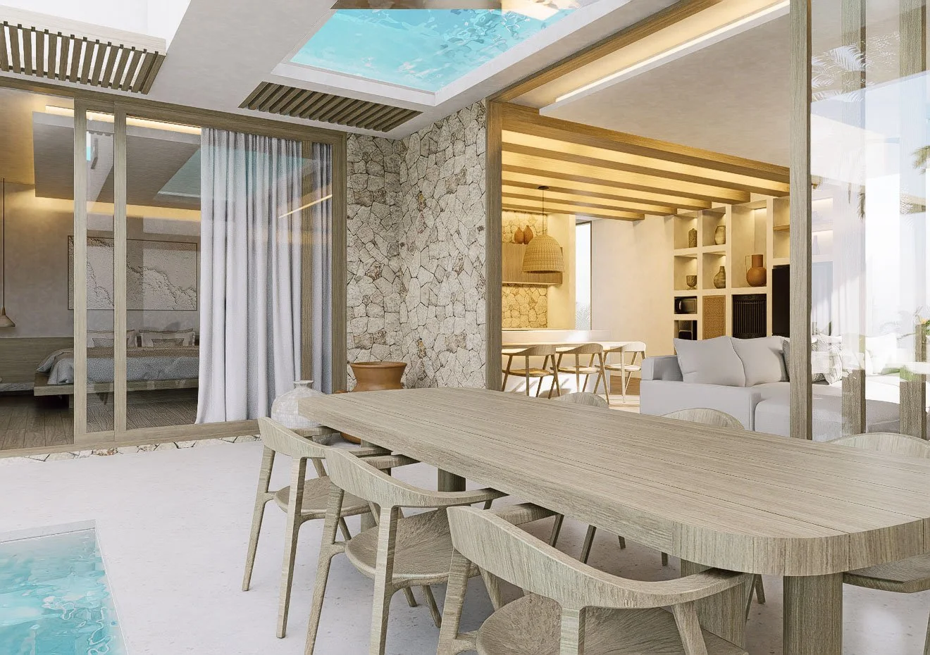 Modern open-concept living and dining area with a view into a bedroom. Light wood furniture, stone accent wall, white sofa, and a dining table with matching chairs. Large glass sliding doors, ceiling skylight, and natural light.