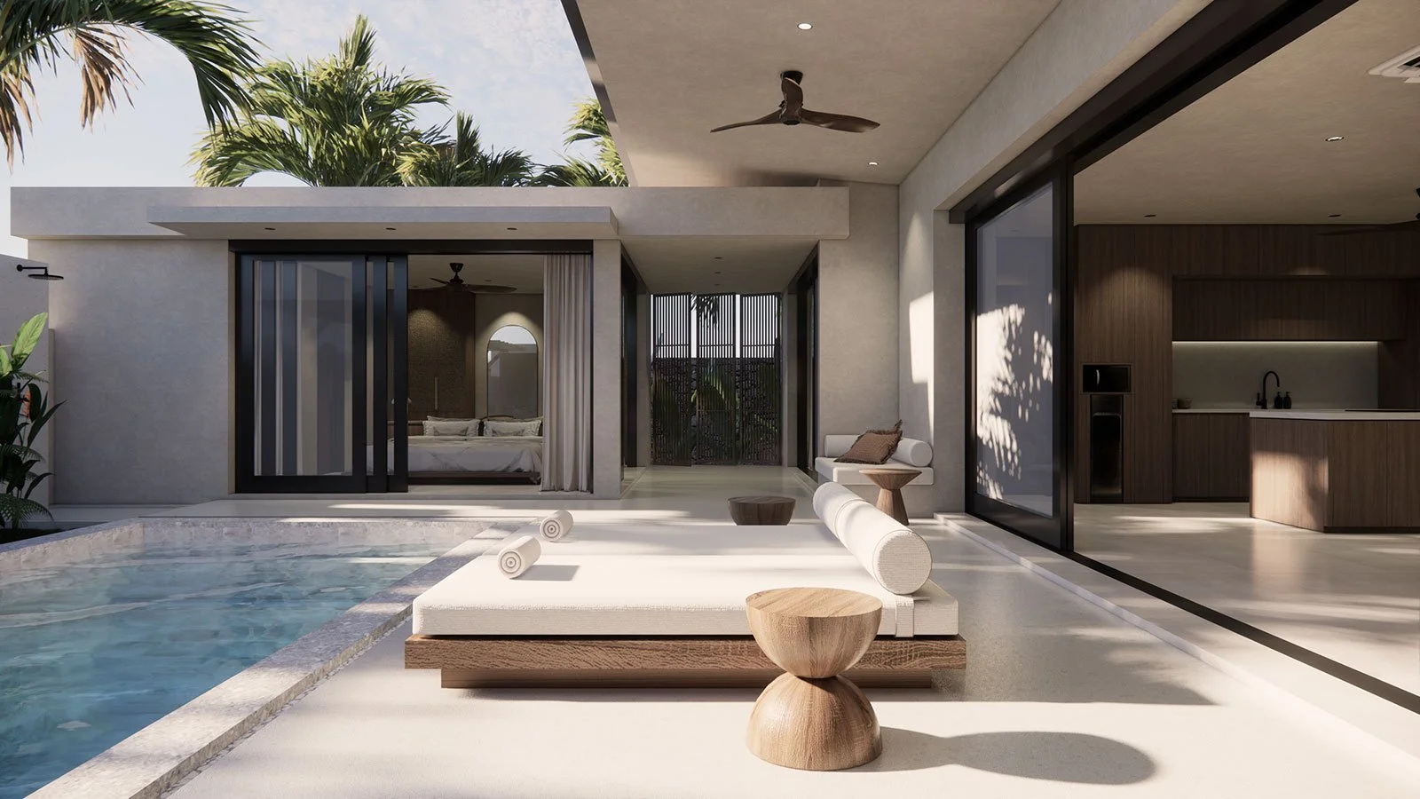 Modern home outdoor patio with pool, lounge chairs, and a view into interior bedroom and kitchen area, surrounded by palm trees.