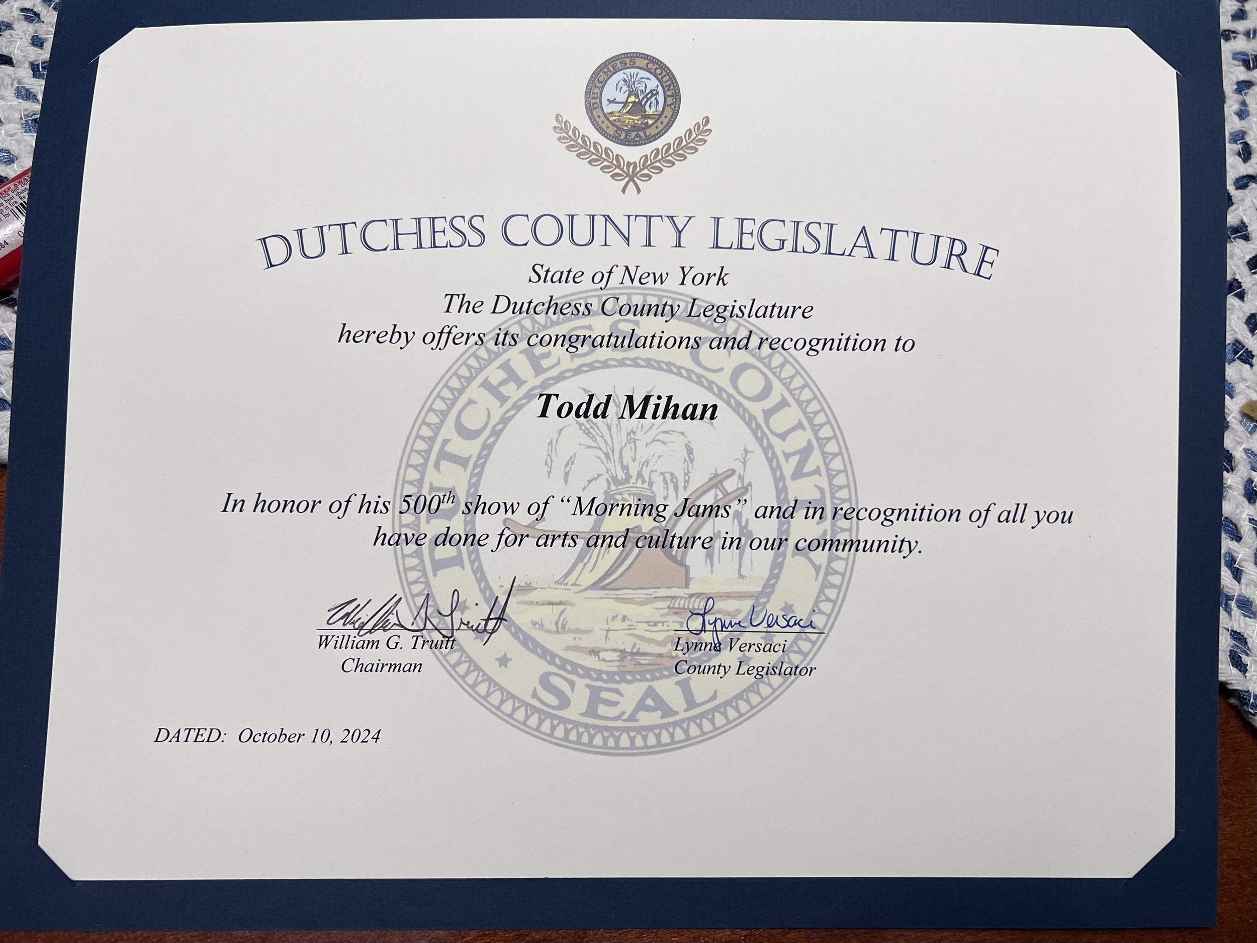 I was recognized by the Dutchess County Legislature for the Morning Jam 500 milestone. Thank you Lynne Miele-Versaci.