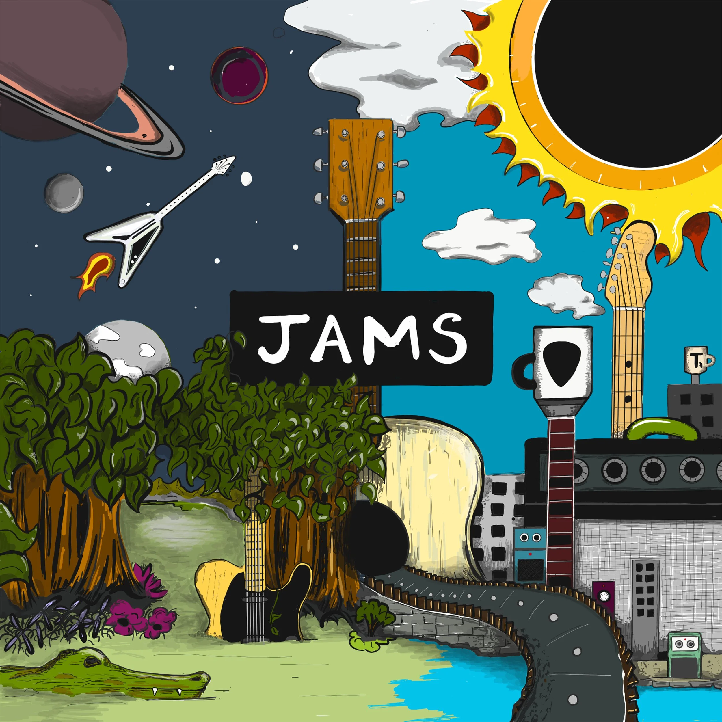 A colorful cartoon illustration featuring a crocodile, a guitar, a black hole, a planet with rings, a telescope, and a sun with flames, set in a space and nature scene.