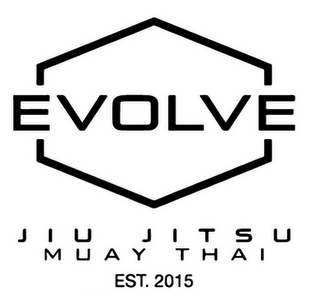 Logo with the word 'EVOLVE' inside a hexagon shape, with additional text 'JOIN US' and 'MAY 4TH' underneath, and 'EST. 2015' in a smaller font.