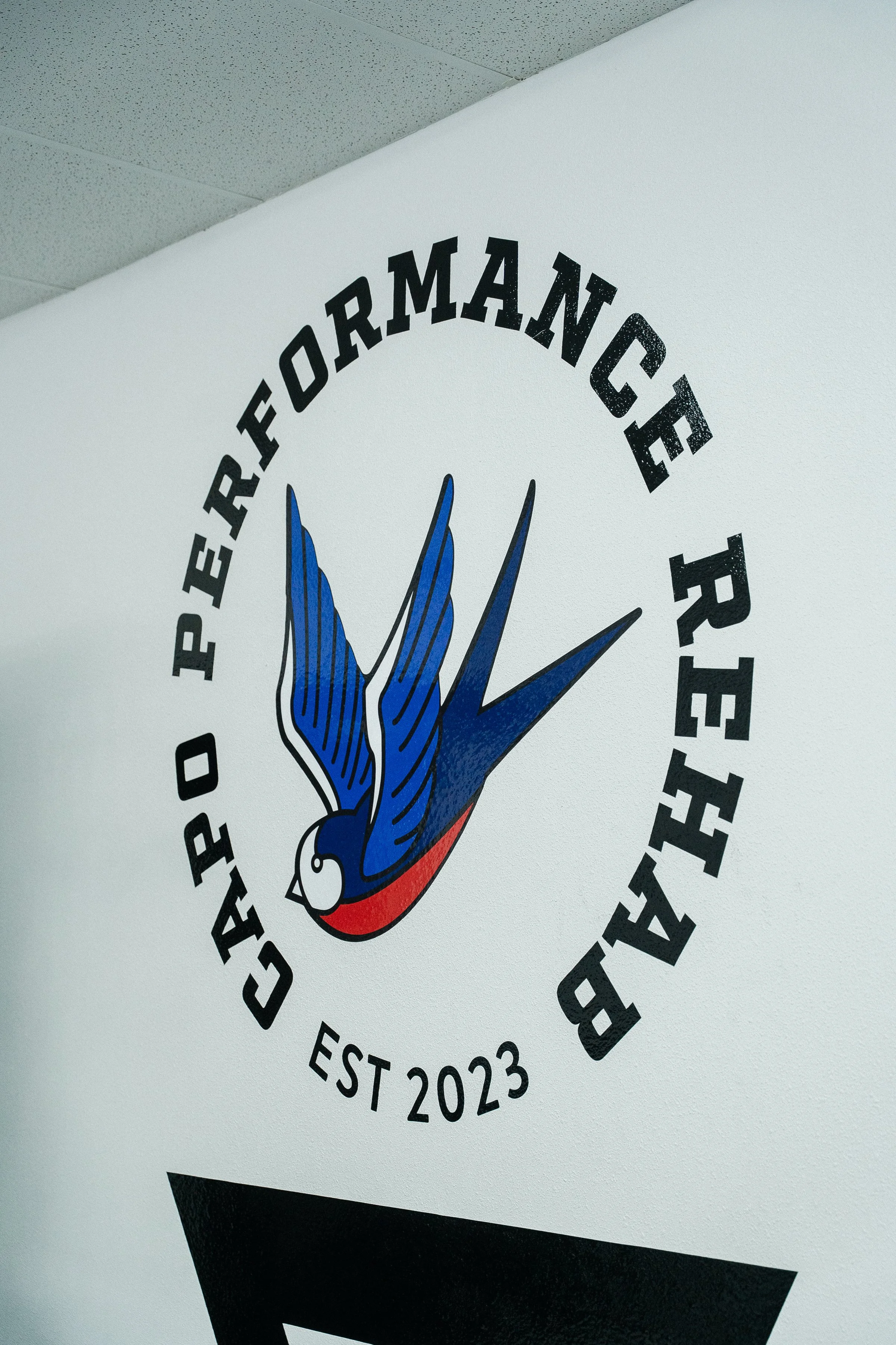 A wall decal featuring a blue bird with a red and white beak, surrounded by black text that reads "PERFORMANCE BRAND" and "EST 2023." The decal is partially visible, showing the top part of the design on a white wall.