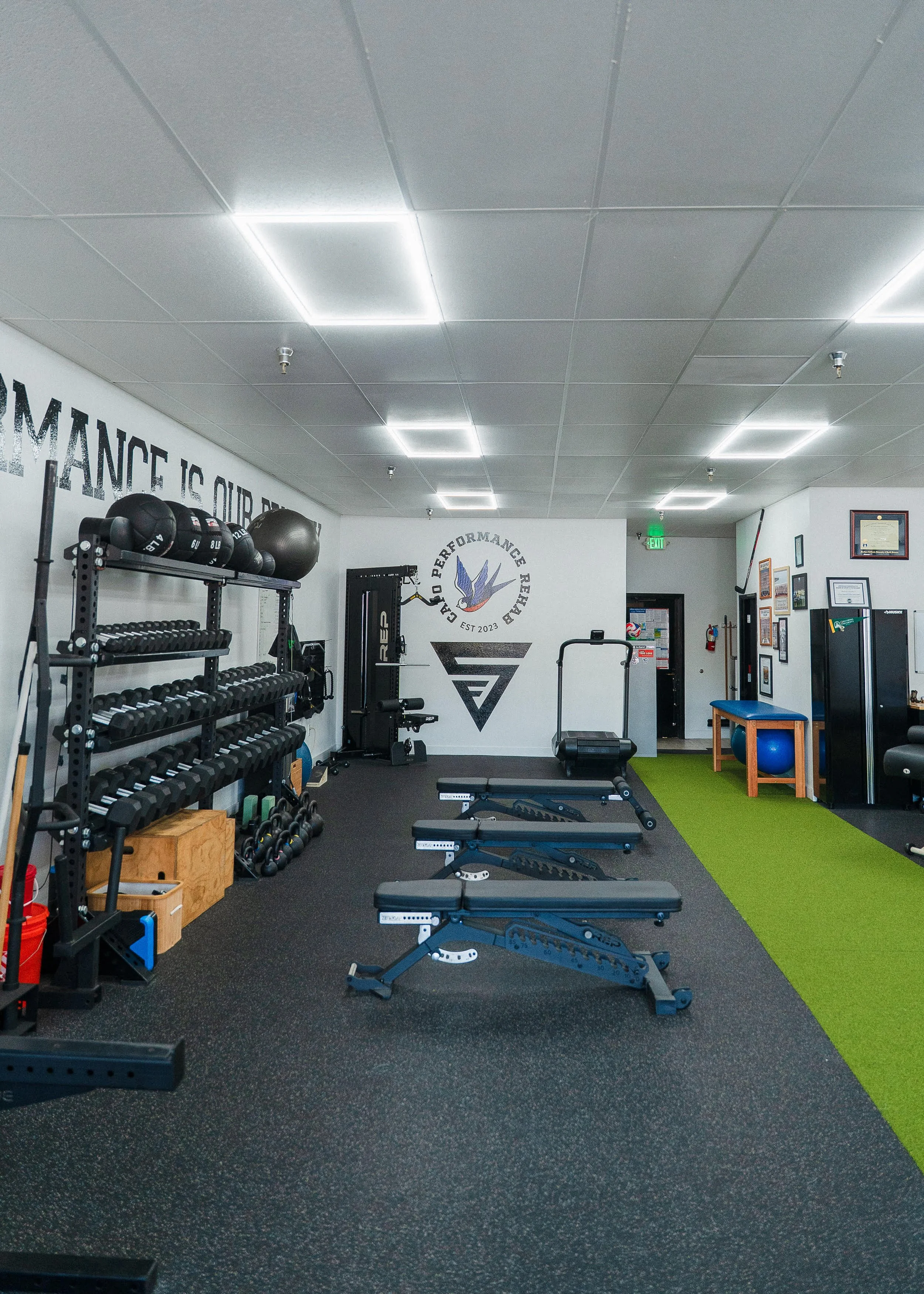 Fitness gym with black rubber flooring, workout benches, dumbbell rack, medicine balls, stability balls, green turf strip, and motivational wall quotes and logos.