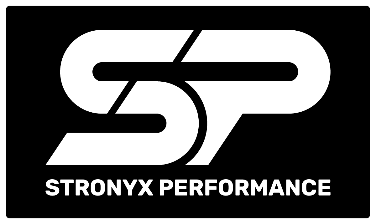 Black background with a stylized white and black logo resembling the letters 'S' and 'P' intertwined, with the text 'STRONYX PERFORMANCE' in white below.