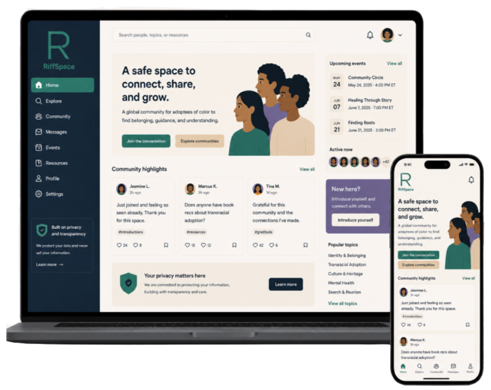 Image of RiftSpace community platform displayed on a laptop and a smartphone, featuring a welcoming homepage with options to join conversations, explore communities, and view community highlights about diversity, belonging, and cultural support.