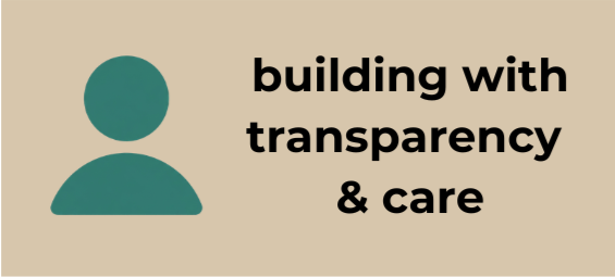 Illustration of a person icon alongside the text 'building with transparency & care' on a beige background.