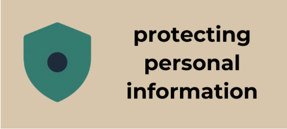 Shield icon next to the text 'protecting personal information' on a beige background.