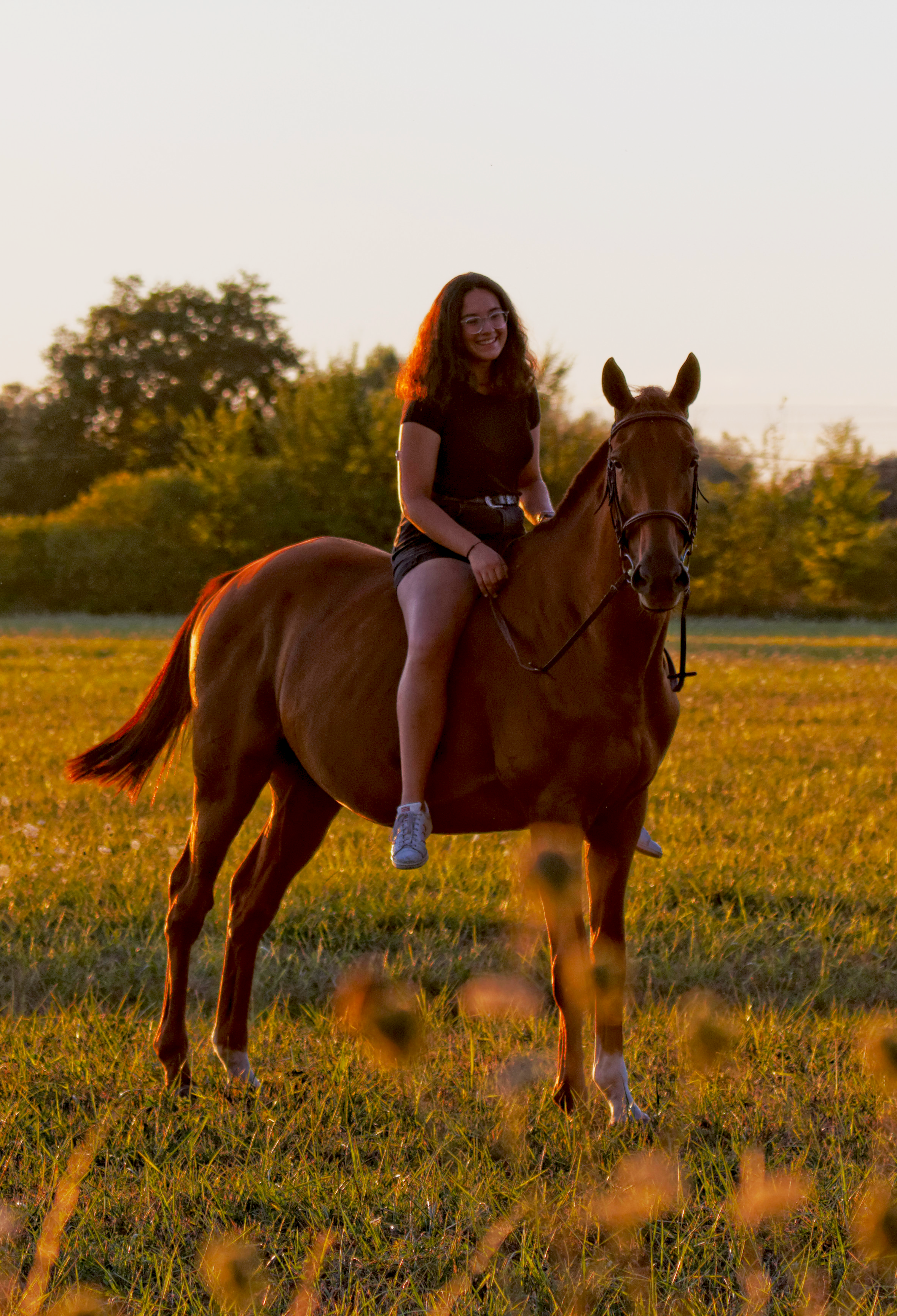 Une jeune femme souriante à cheval dans un champ ensoleillé au coucher du soleil.