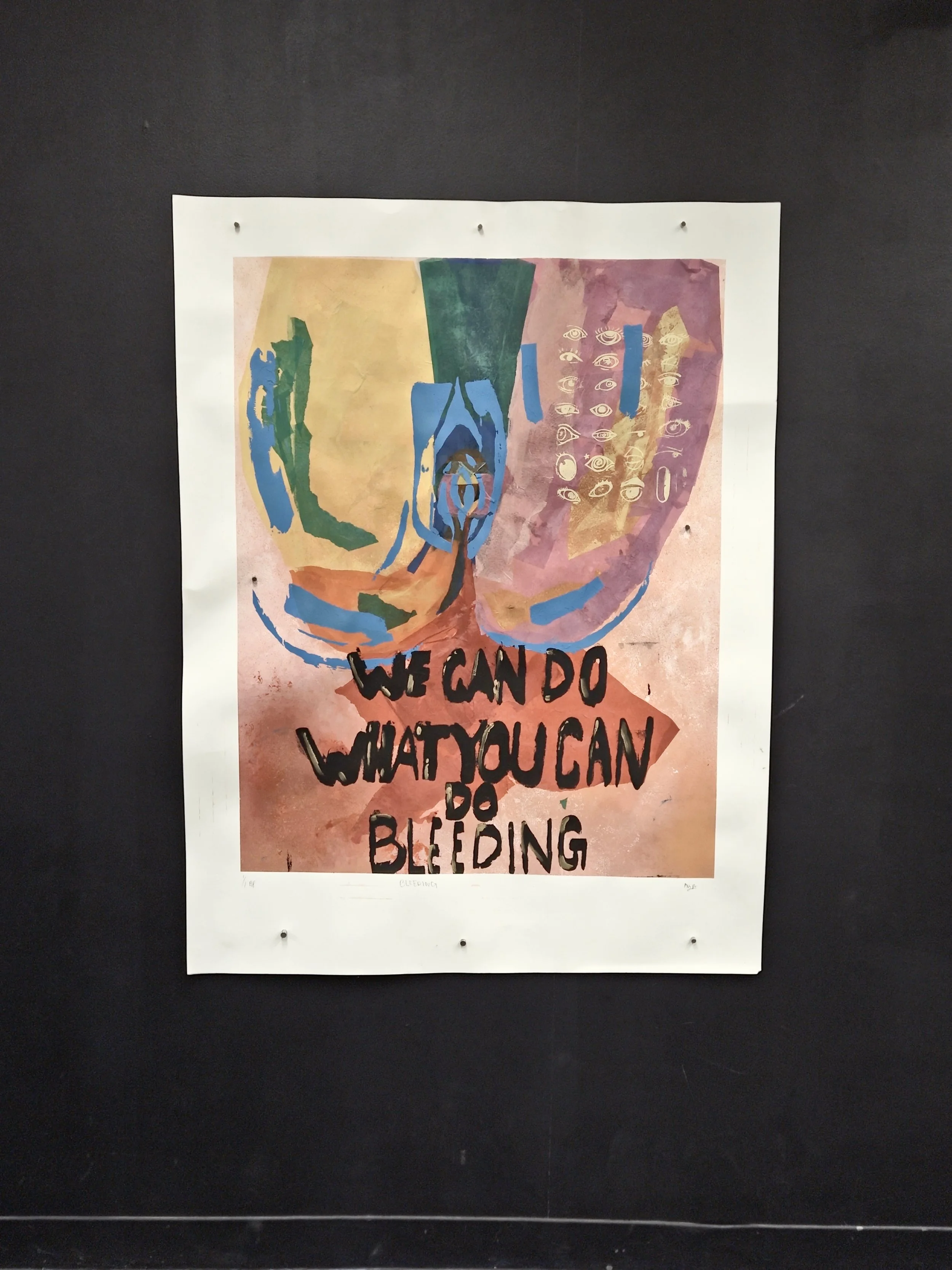 Colorful abstract artwork with a quote in bold black letters that says, 'WE CAN DO WHAT YOU CAN DO BLEEDING.'