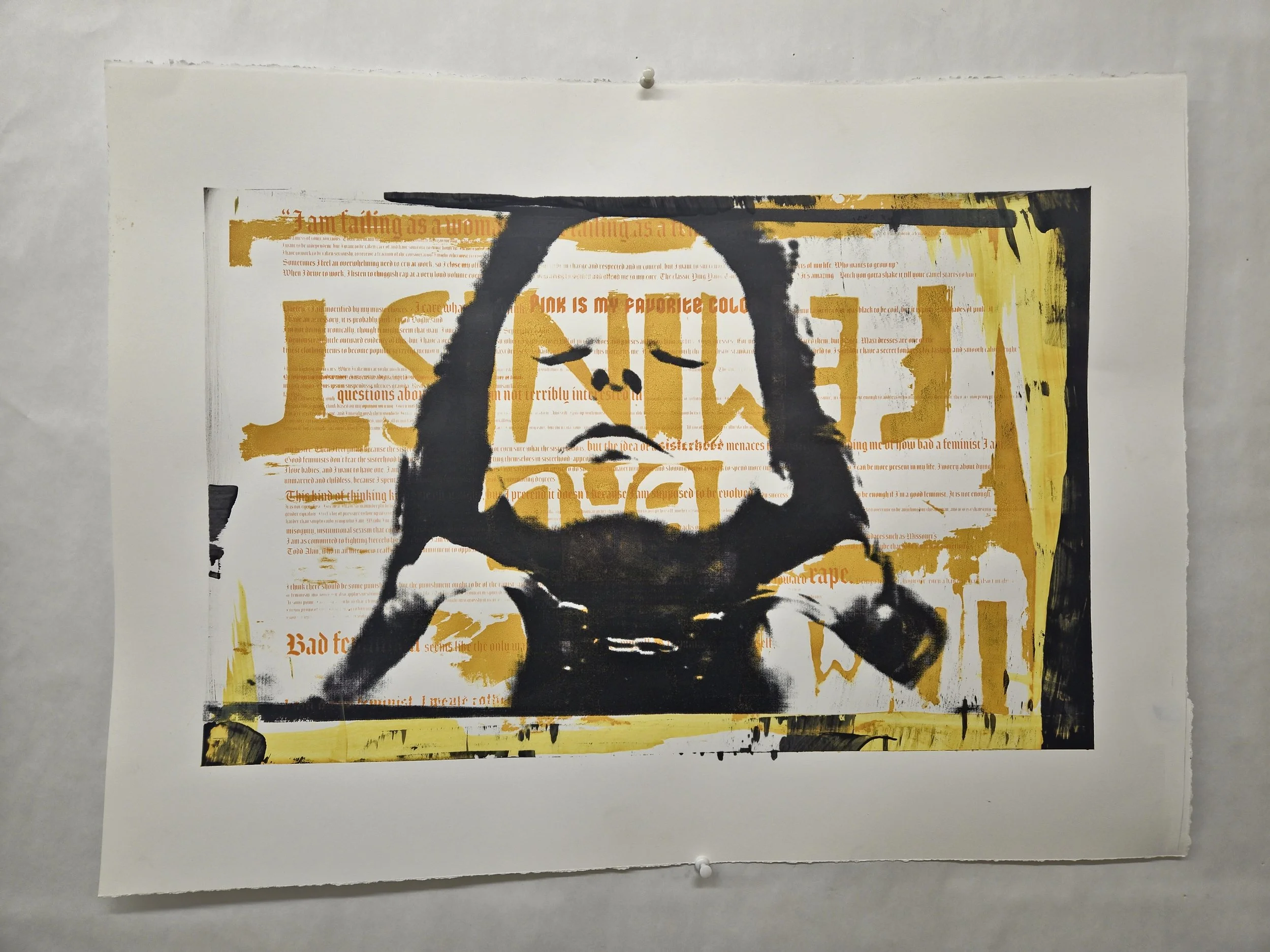 A mixed media artwork featuring black spray-painted outline of a dog collar and chain, overlaid on printed text and bold yellow paint strokes.