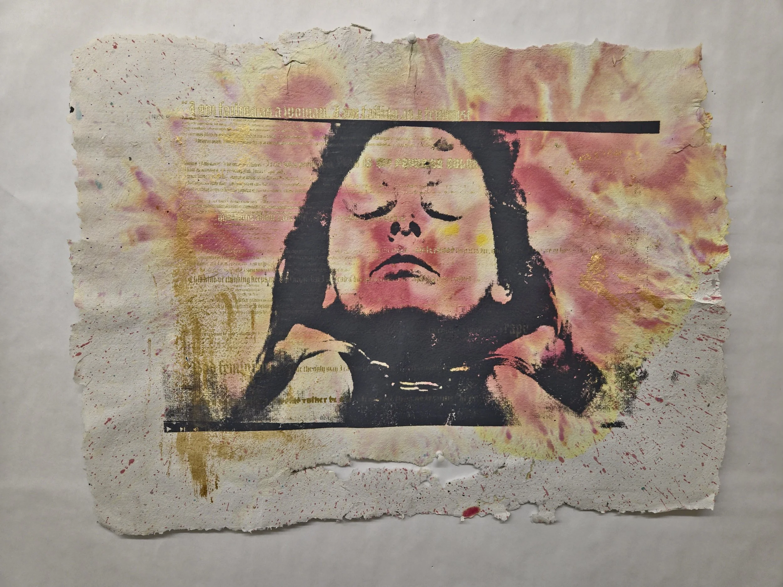 Artwork featuring a portrait of a woman with closed eyes, painted on a torn textured paper with splashes of pink, yellow, and gold, and overlaying distressed text.