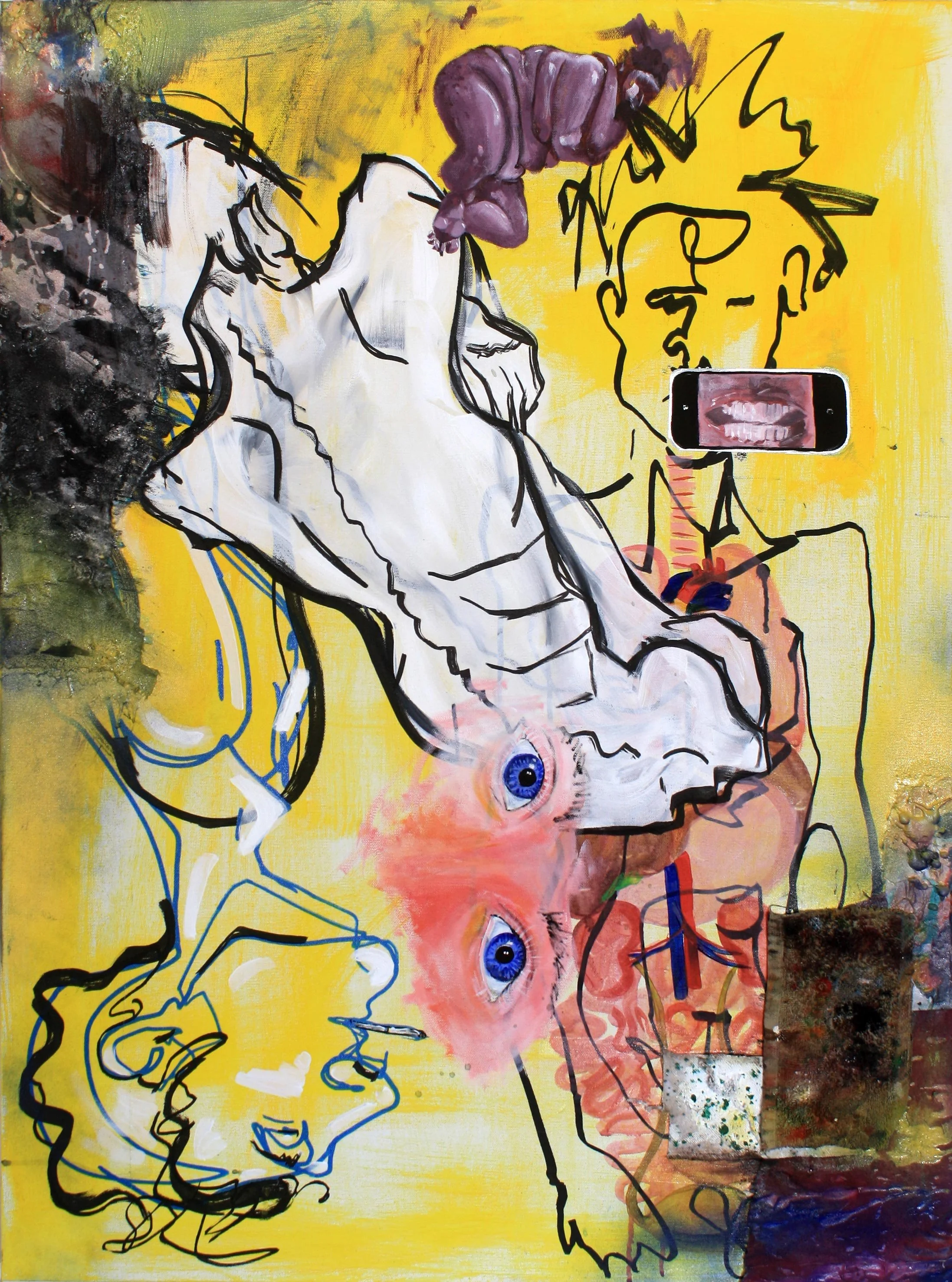 Abstract artwork featuring a yellow background with various lines and shapes, including a sketched face, a purple clenched fist, a smartphone with a mouth on the screen, and a pair of realistic blue eyes with pink surrounding them, along with paint s