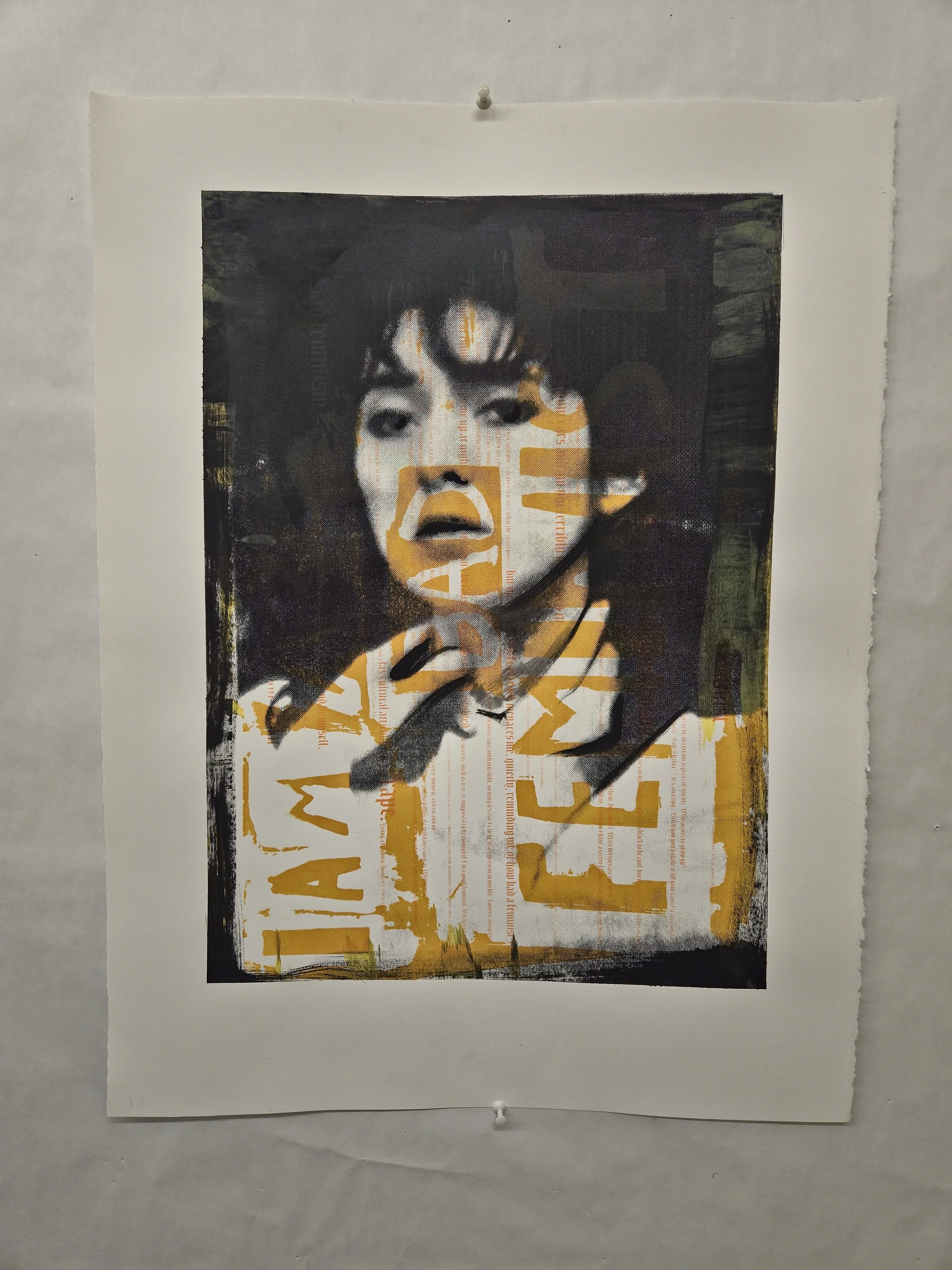 Mixed media art piece featuring a black and white portrait of a woman with an open mouth, overlaid with orange and white collage elements, including large text and abstract shapes.