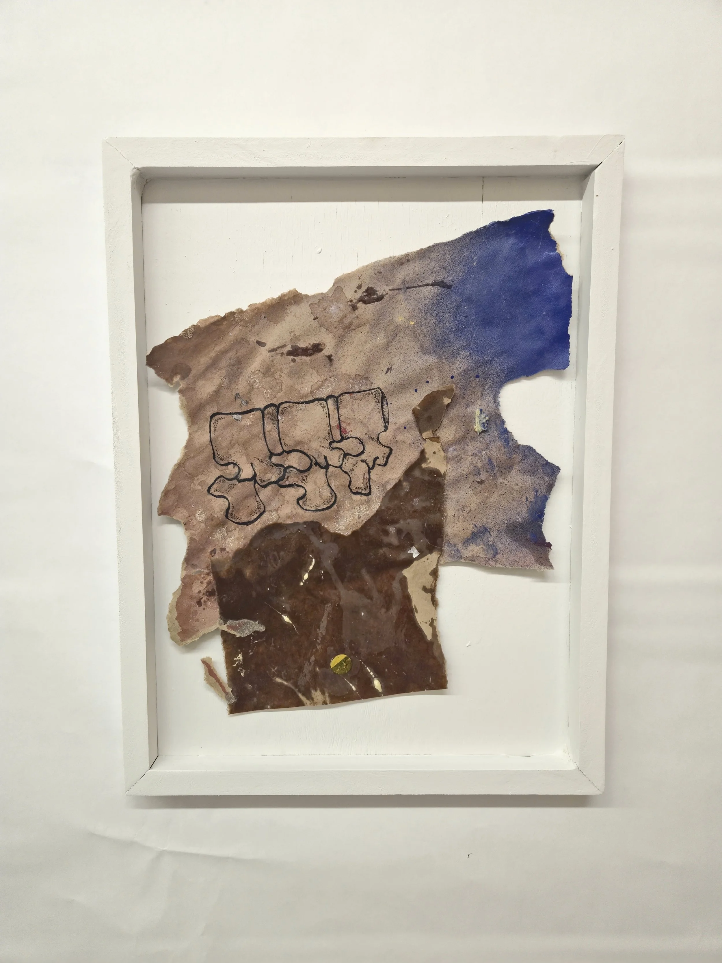 Mixed media artwork with torn paper, ink, and paint, featuring abstract shapes and a black outline resembling a line drawing.