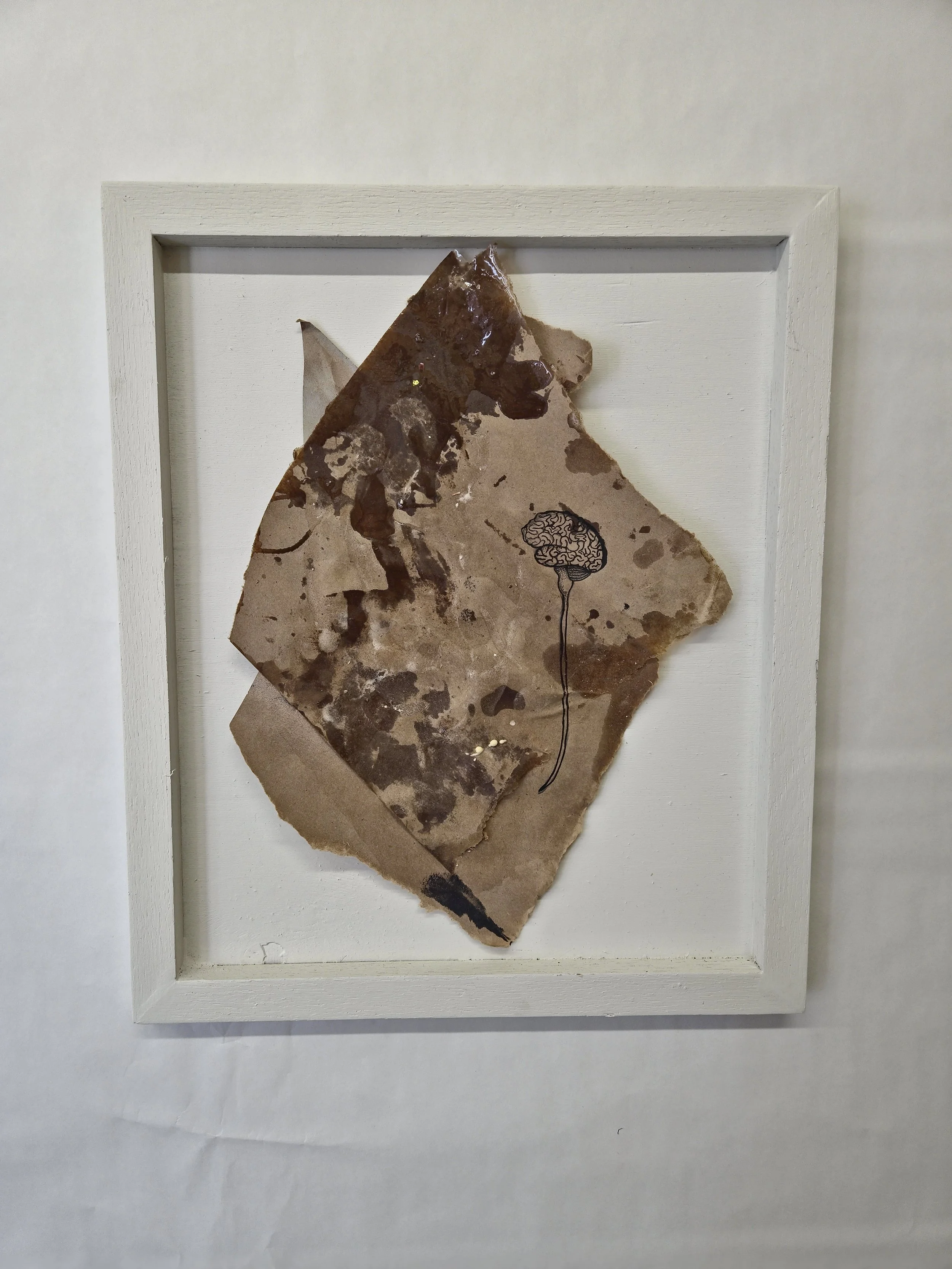 Mixed media artwork featuring a collage of torn, textured brown paper with a drawn illustration of a brain connected to a thin, curved line. The artwork is framed in a white wooden shadow box.