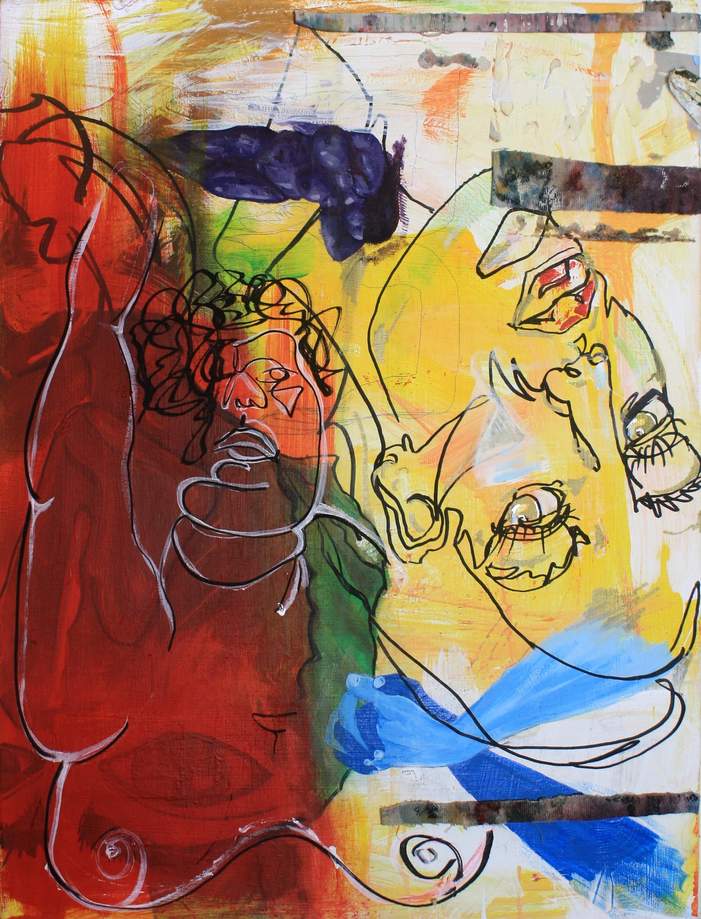 Abstract artwork featuring overlapping human faces, one in warm colors and the other in cool colors, with expressive line drawings and mixed media textures.