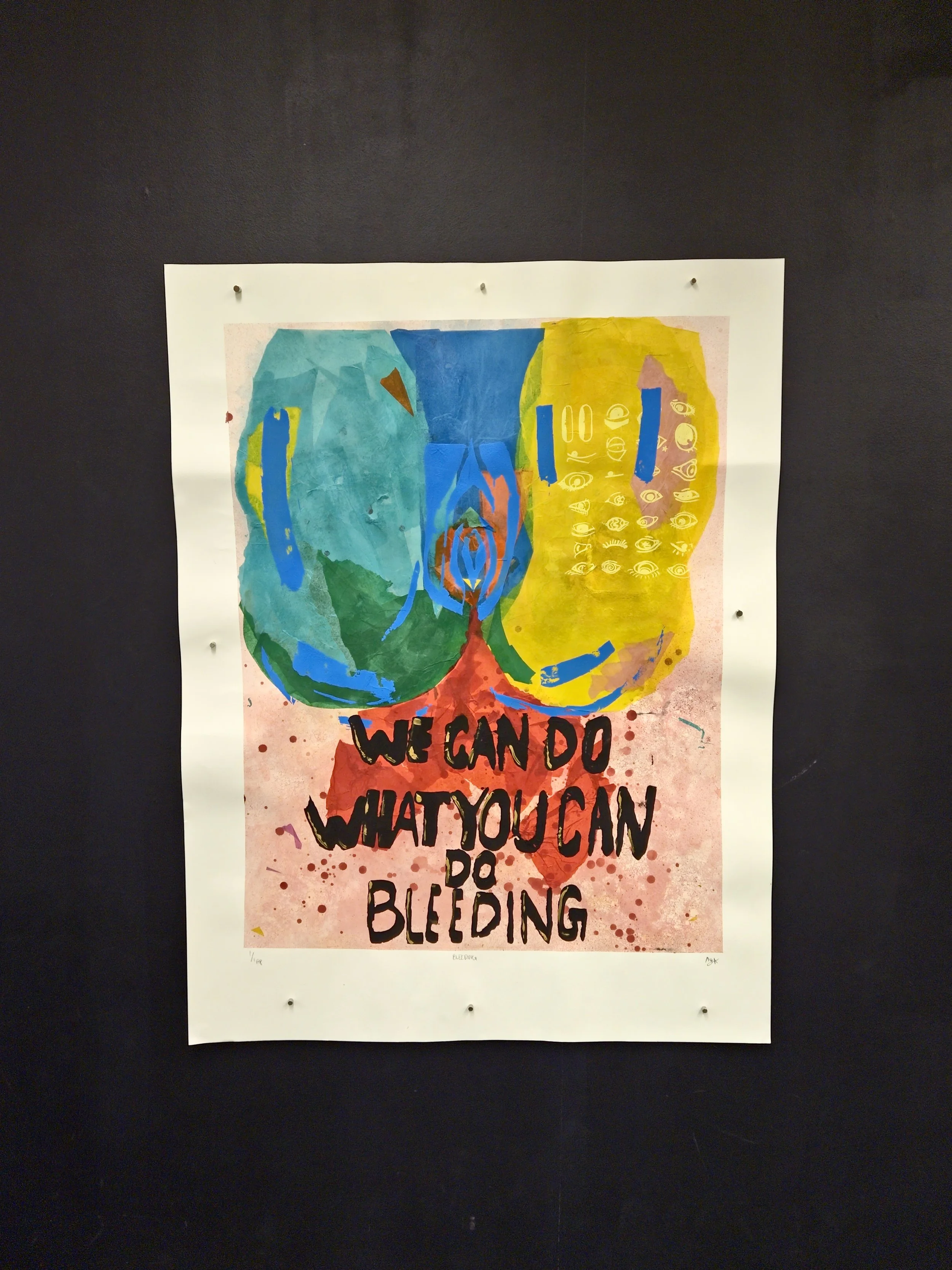 Colorful abstract artwork of two faces with the words 'We Gando What You Can Do Bleeding' written at the bottom.