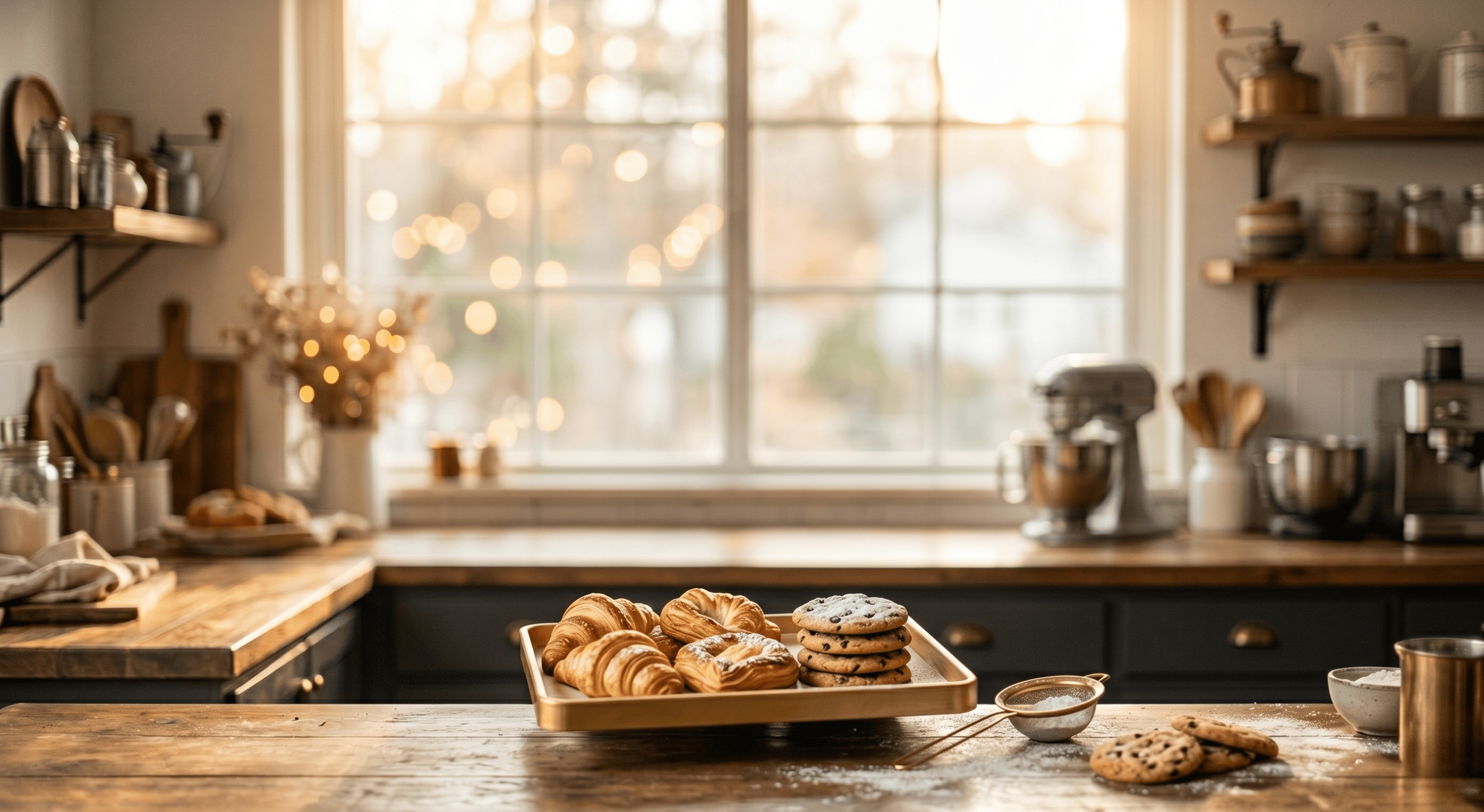 A tray of assorted baked goods including croissants, cookies, and muffins on a kitchen countertop, with a window in the background letting in natural light.
