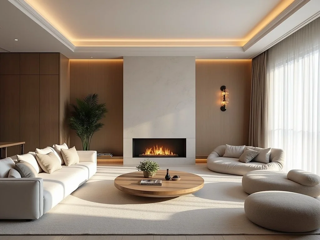 Modern living room with a fireplace, white sofas and ottoman, a round wooden coffee table, large window with curtains, and a potted plant.