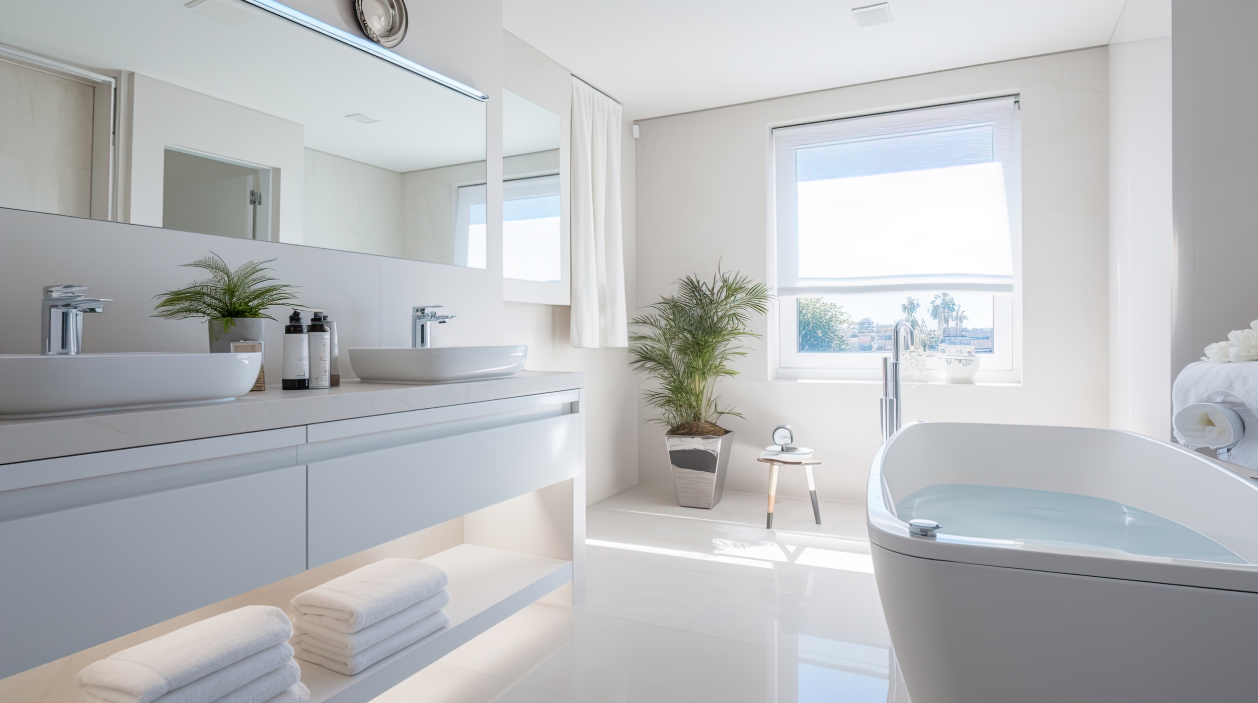 Bright, modern bathroom with white walls and fixtures, large mirror, window with blinds, potted plants, and a bathtub.