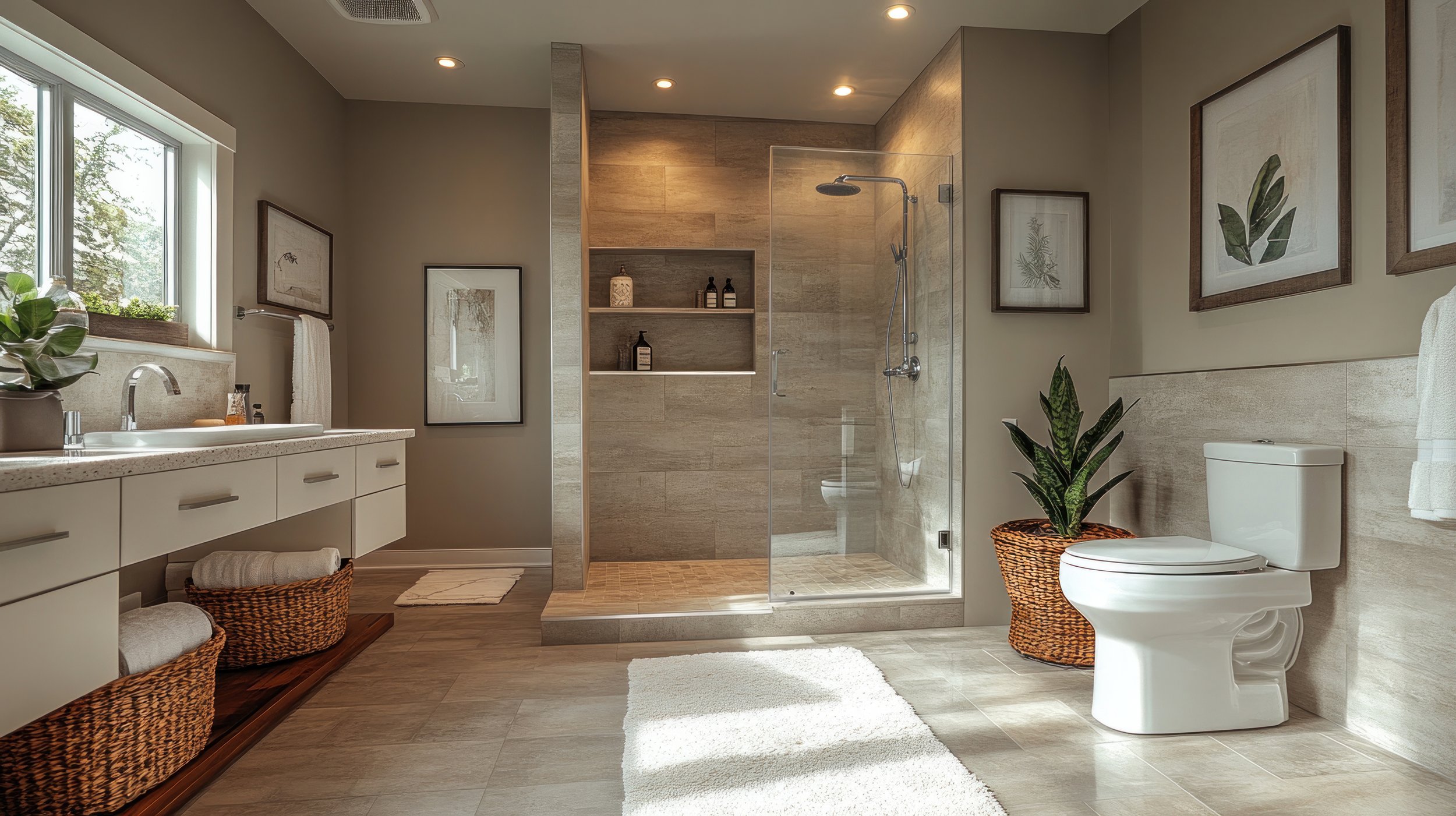 Luxury primary bathroom featuring a curbed glass walk-in shower with built-in tile niche and large format floor tile.