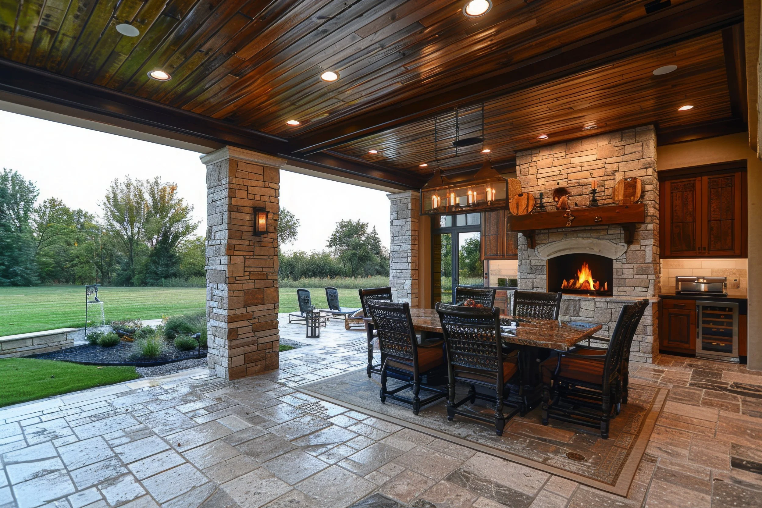Covered outdoor patio with stone columns, wooden ceiling with recessed lighting, a fireplace, and patio furniture overlooking a green lawn and trees.