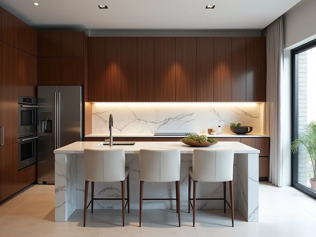 Modern kitchen with white marble island, wooden cabinetry, stainless steel refrigerator, built-in oven, and a large sliding glass door with curtains to the right, with a potted plant outside.