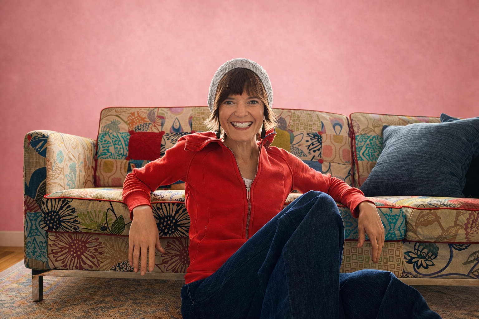 A smiling woman with short brown hair, wearing a gray beanie, red zip-up jacket, and dark pants, sitting on the floor in front of a colorful patterned sofa with a pink wall in the background.