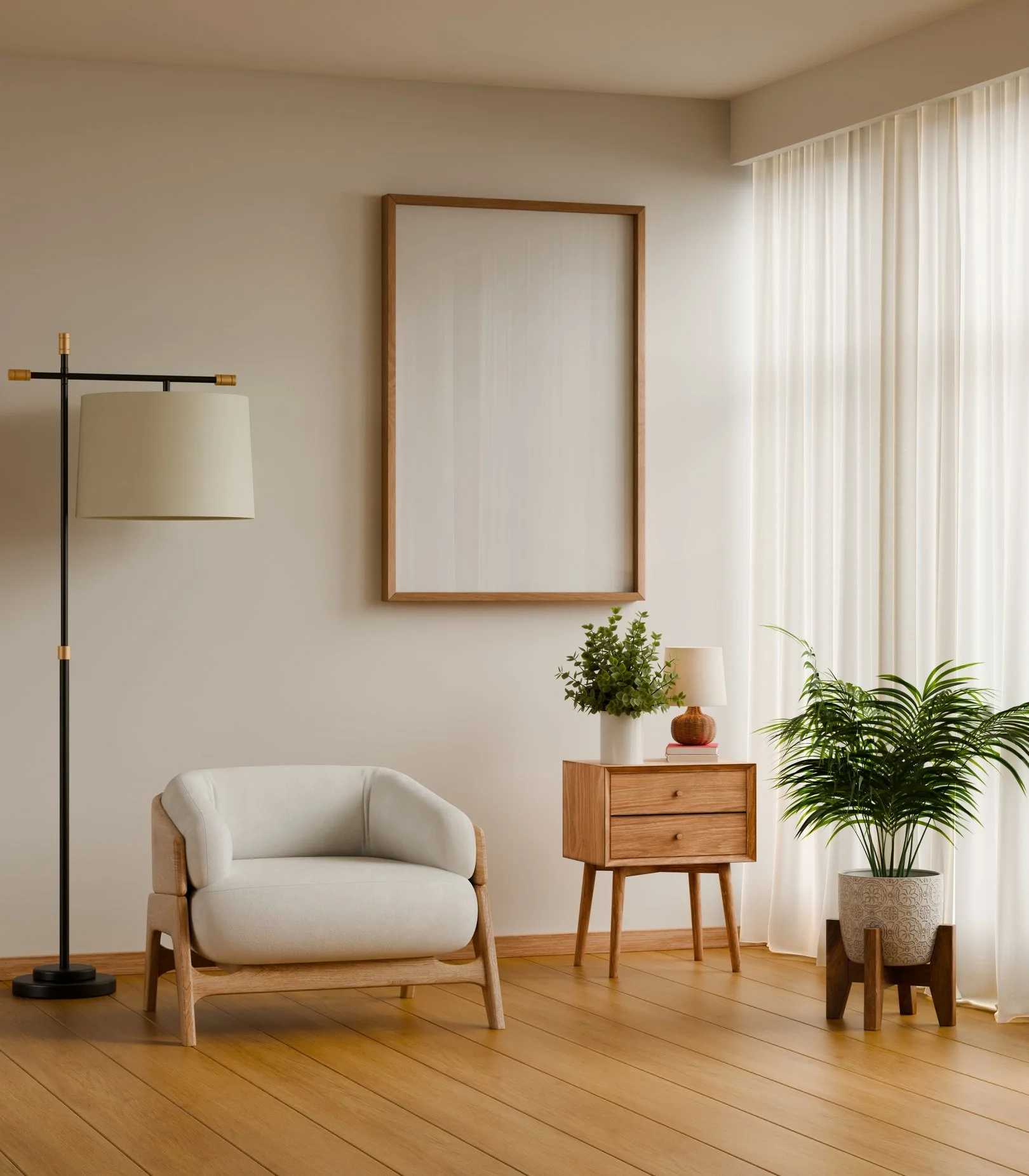 Decorative living room with beige armchair, wooden side table with potted plant and books, floor lamp, large mirror, and window with sheer curtains, natural light on wooden floor.