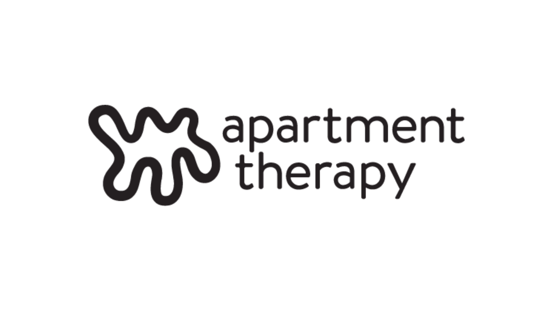 Logo for apartment therapy, featuring a stylized, abstract design resembling interconnected lines and the text 'apartment therapy' beneath it.