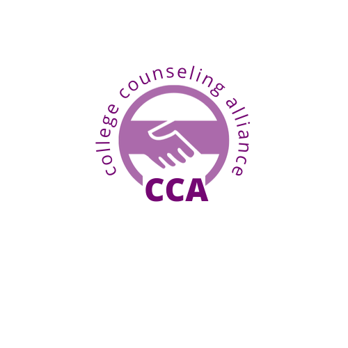 Purple logo featuring two hands shaking, with the words "college counseling alliance" curved around the top and "CCA" below. Black background.