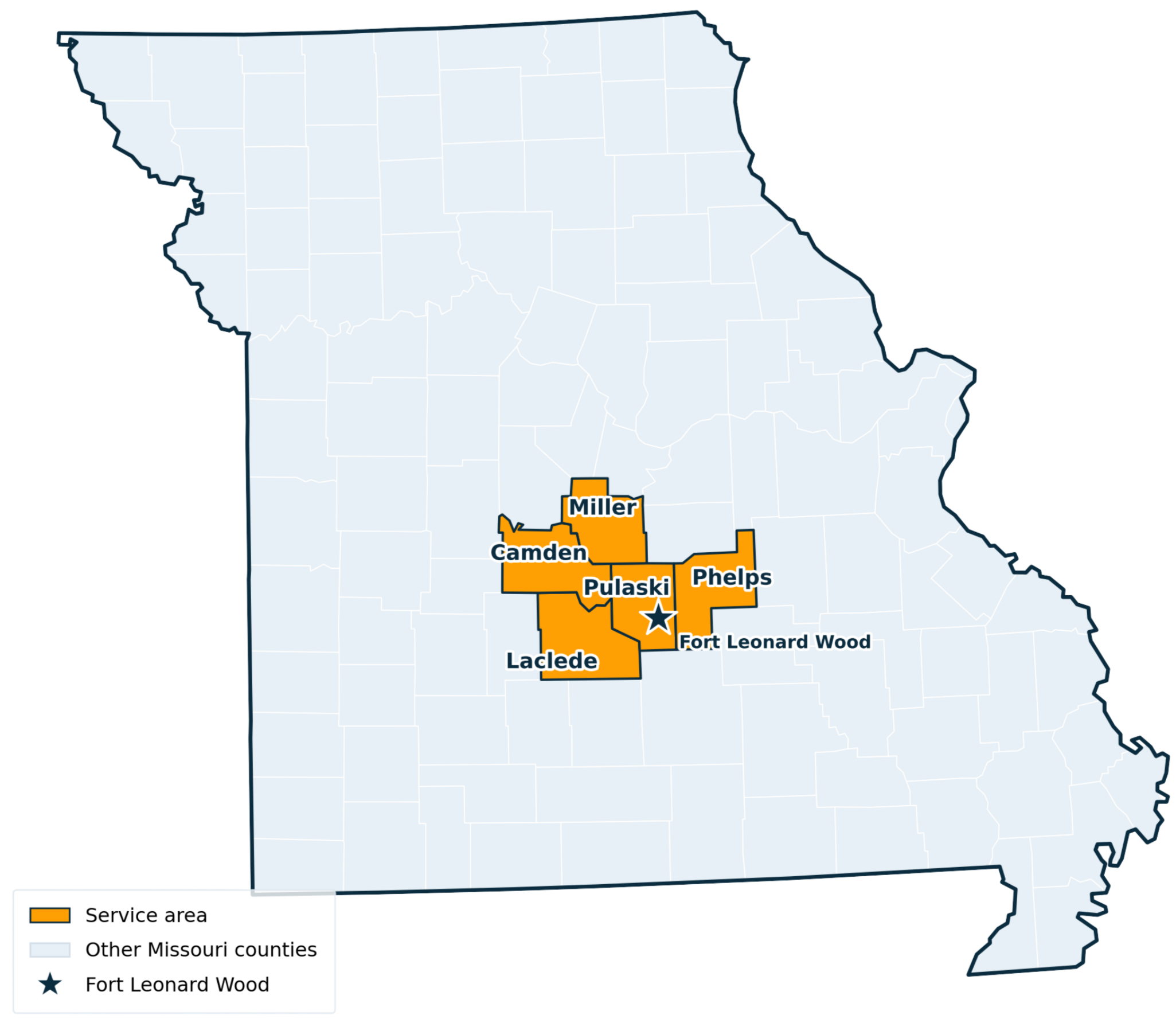 Map of Missouri with service area highlighted in orange, including cities such as Miller, Camden, Pulaski, Phelps, Fort Leonard Wood, and Laclede. Other Missouri counties are shaded in light blue. A star marks Fort Leonard Wood in the center of the service area.