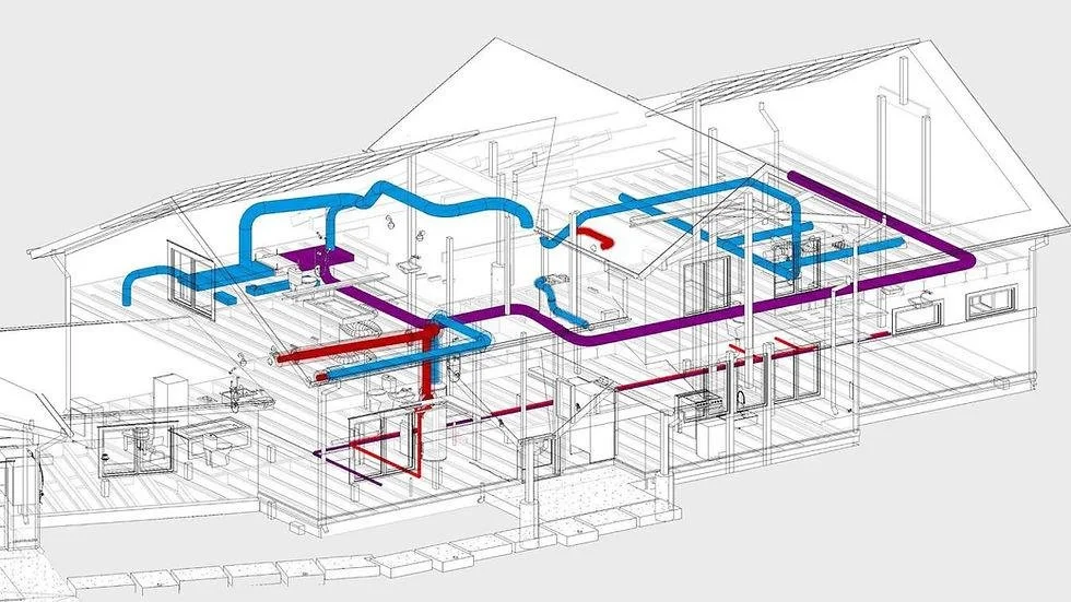 3D blueprint of a house HVAC system with colored ductwork showing air flow.