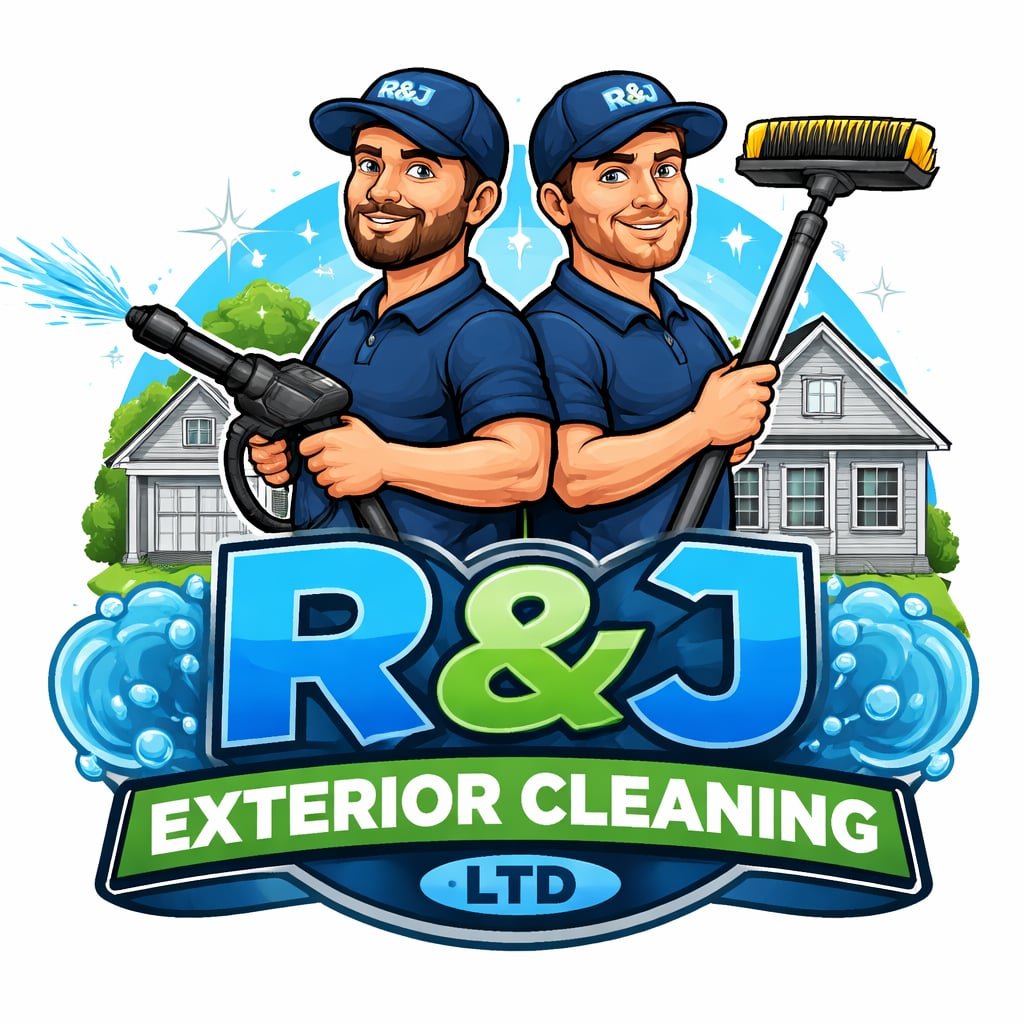 Logo for R&J Exterior Cleaning Ltd featuring two cartoon cleaning workers in blue uniforms and caps, one holding a pressure washer and the other a squeegee, with a house in the background and water splash elements.