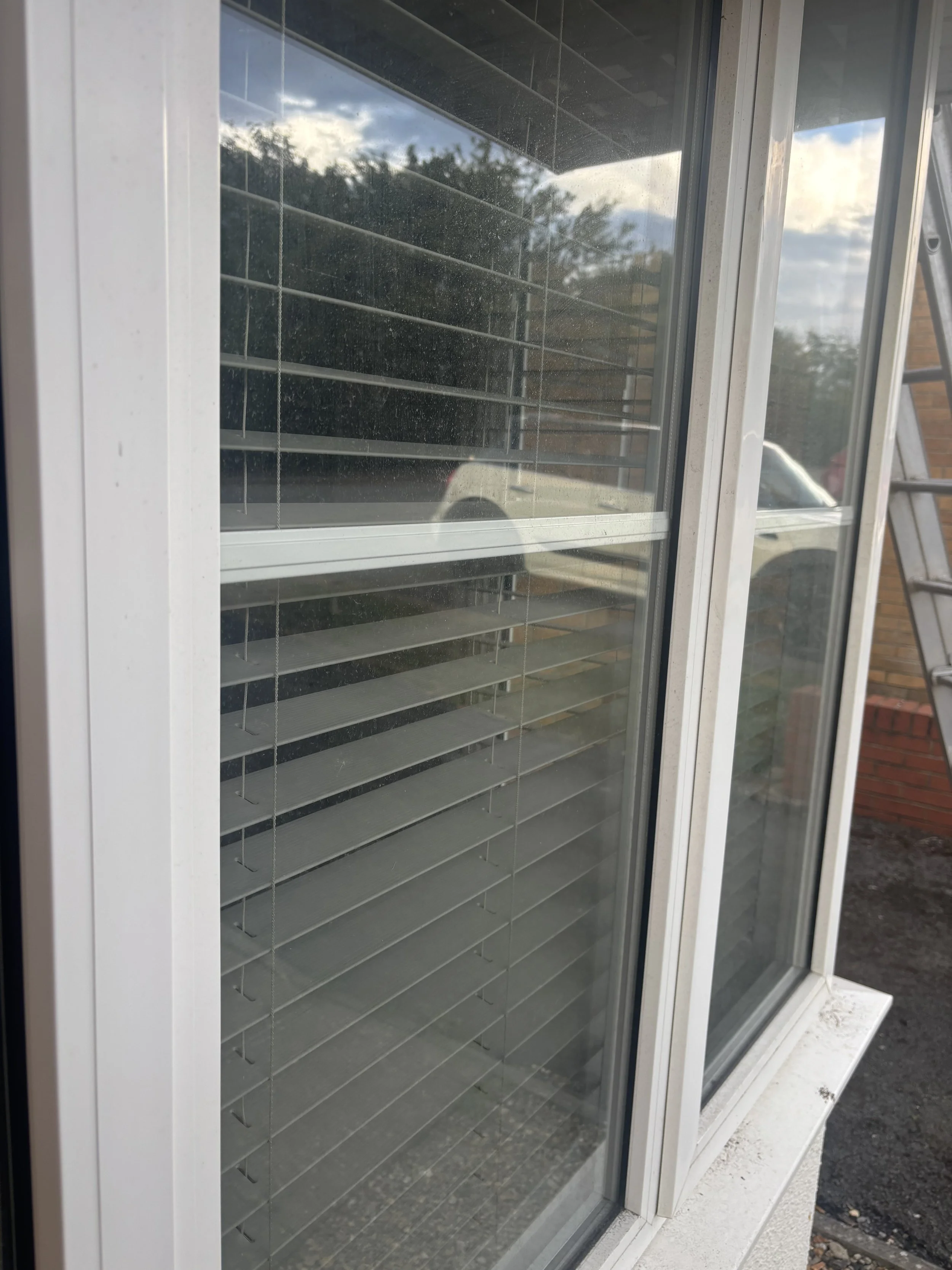 Close-up view of a glass window with horizontal blinds inside, reflecting a cloudy sky and trees outside. There is a white door frame on the left and a sliding door on the right, with a ladder partially visible outside.
