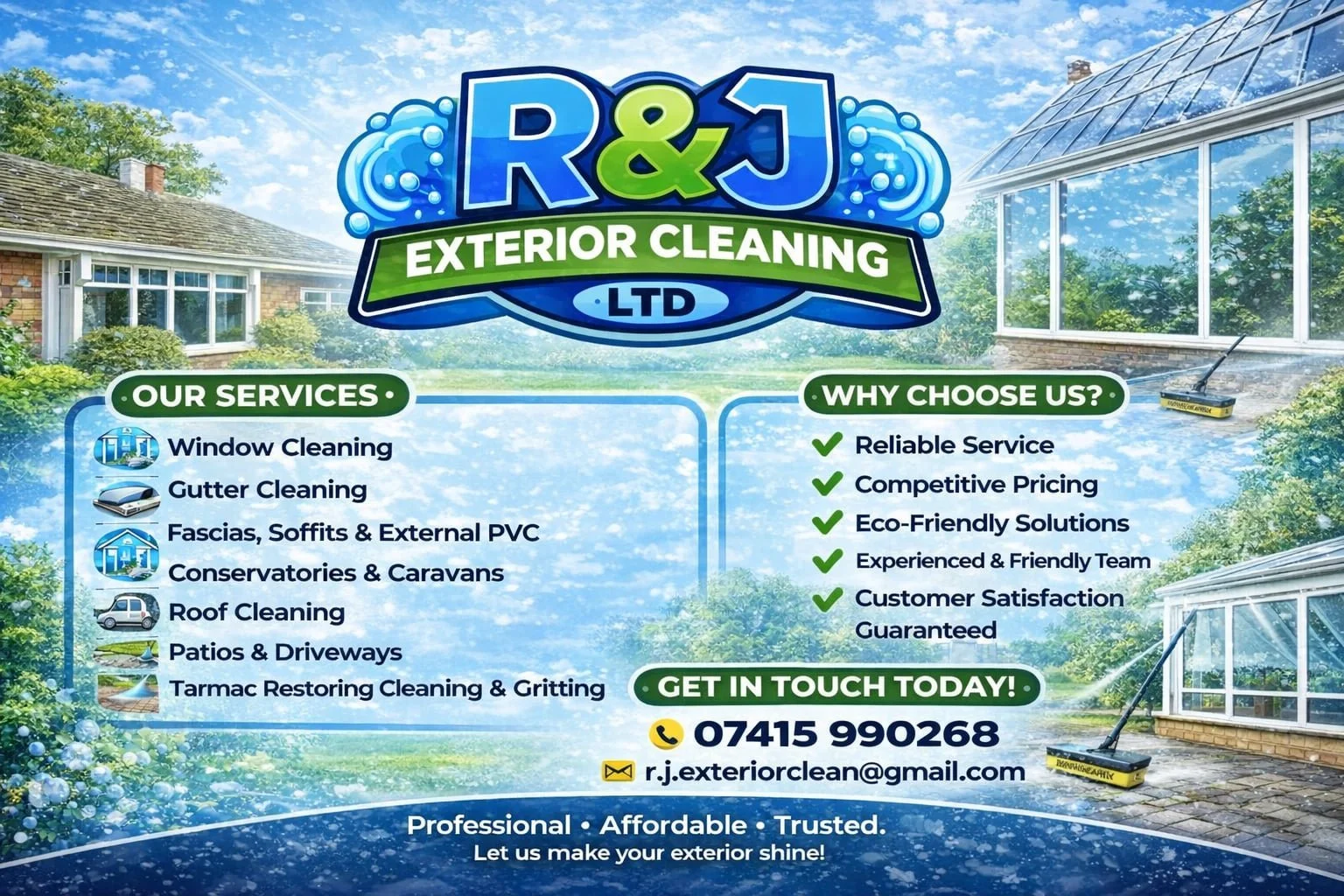 Flyer for R&J Exterior Cleaning LTD with services like window, gutter, fascia, soffit, PVC, conservatories, caravans, roof, patios, driveways, Tarmac cleaning. Features a background of a house with a sunlit garden, a conservatory, and cleaning equipment on the ground. Text highlights reliable service, competitive pricing, eco-friendly solutions, and customer satisfaction.