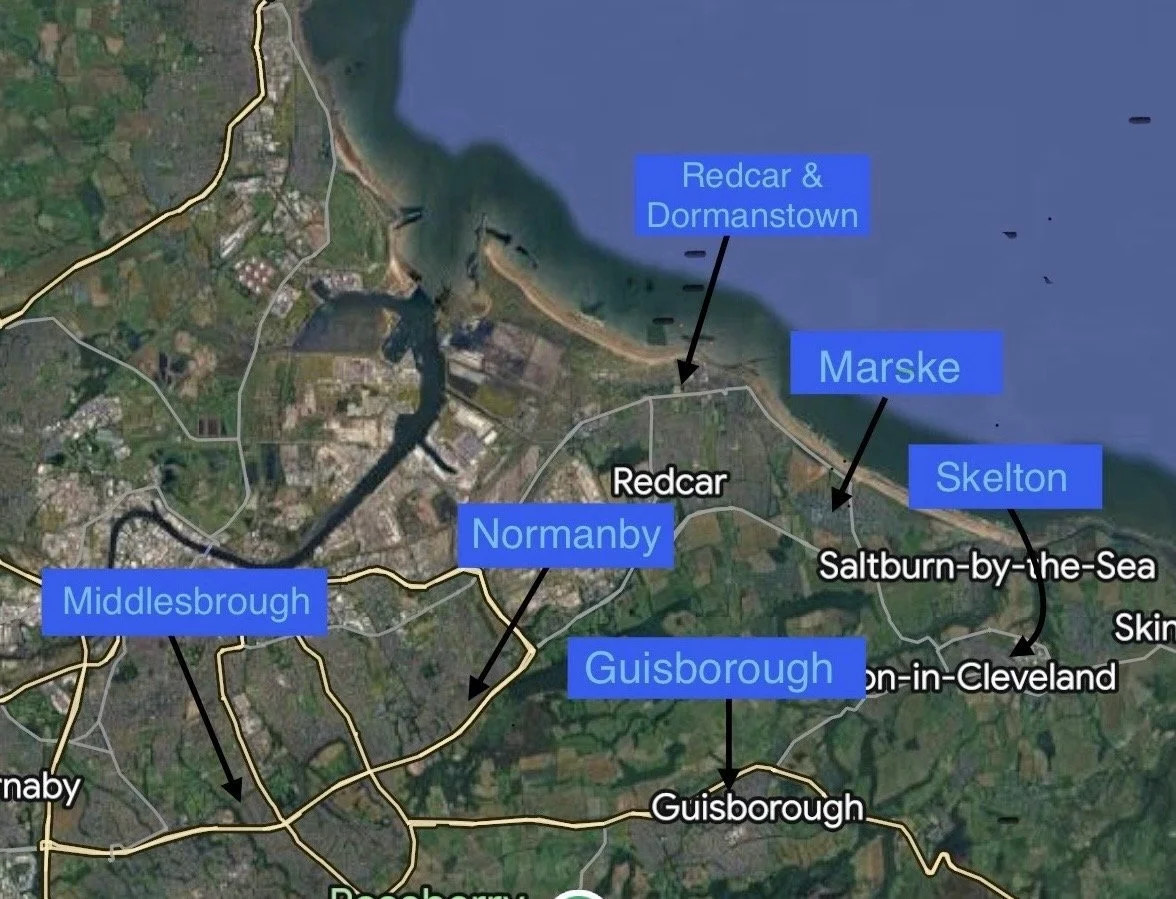 Map showing locations along the coast of Cleveland including Redcar, Dormanstown, Marske, Skelton, Saltburn-by-the-Sea, Green-in-Cleveland, Guisborough, Middlesbrough, and Normanby.