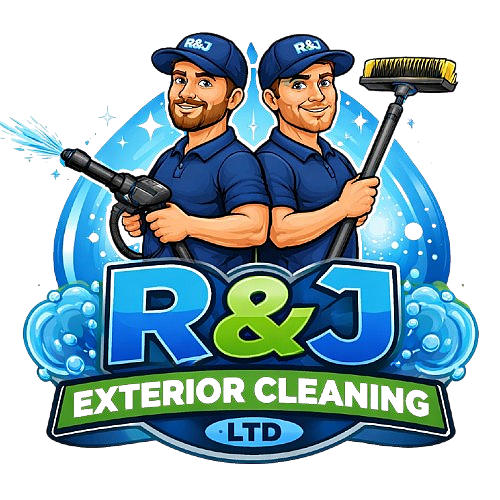 Two cartoon men in matching blue uniforms and caps holding cleaning tools, with a logo reading 'R&J Exterior Cleaning LTD' and a backdrop of bubbles and water splashes in blue and green colors.