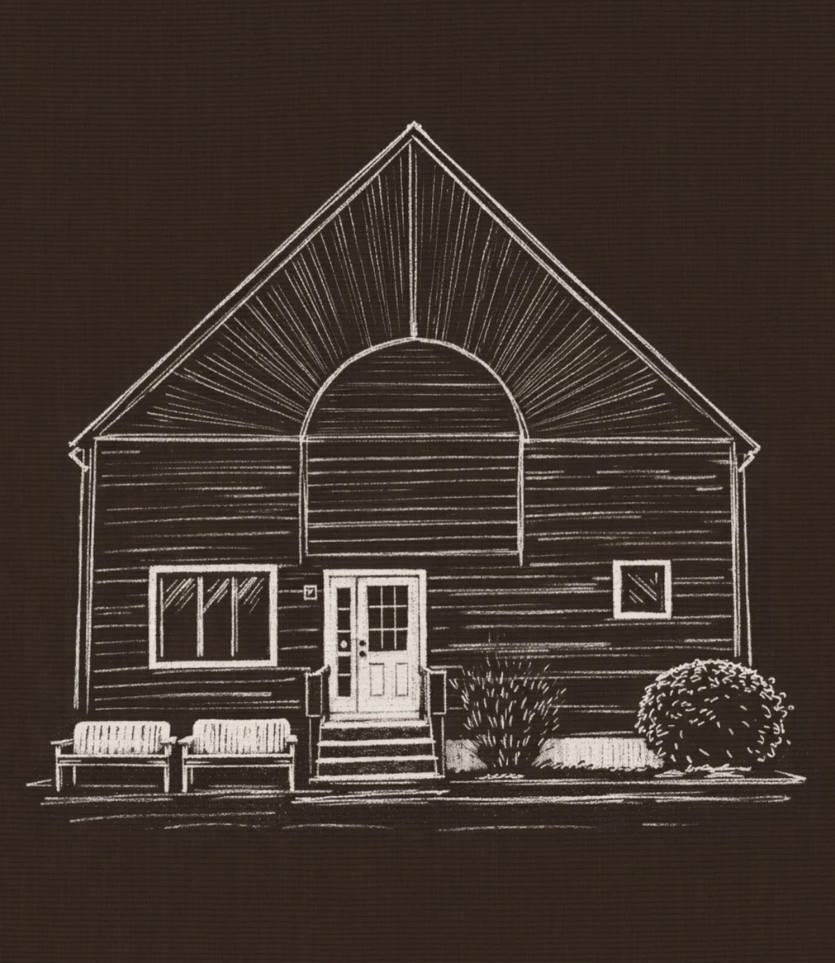 Outline drawing of a house with a gabled roof, front door, windows, and bushes in front, on a dark background.