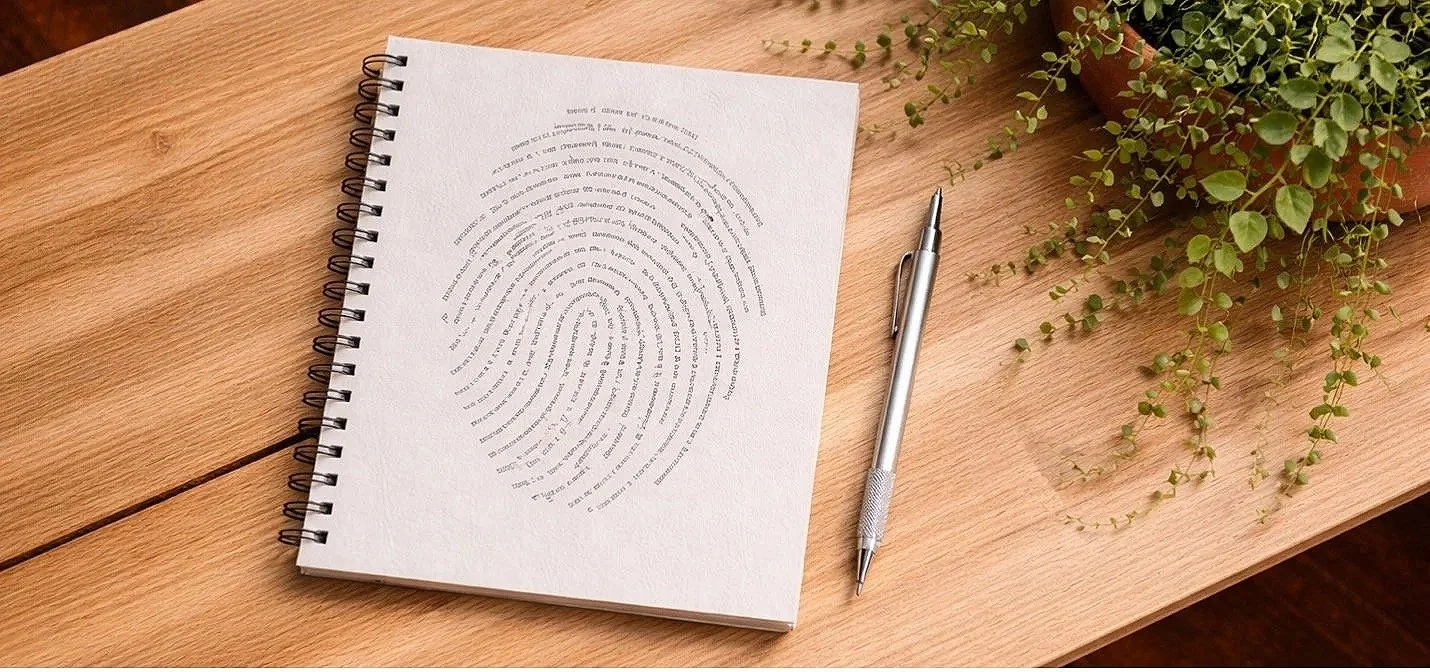 A spiral notebook with a fingerprint diagram on the cover, a silver pen, and a potted plant on a wooden surface.