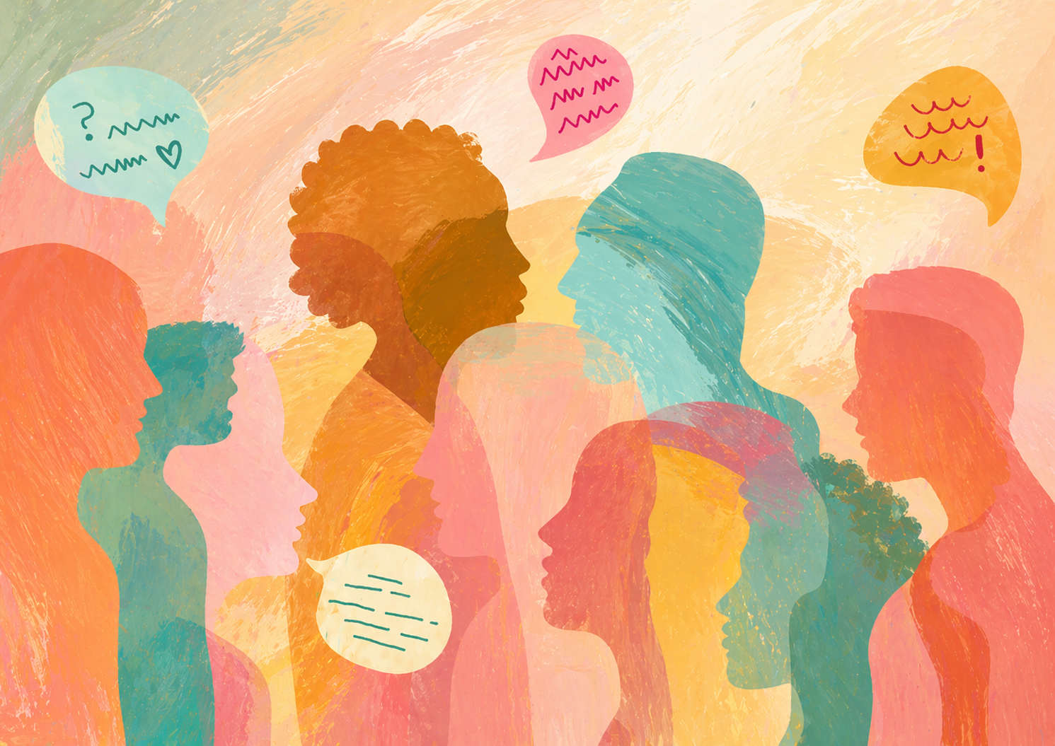 Illustration of multiple overlapping silhouettes of women with speech bubbles in various colors, some containing question marks, lines, or exclamation marks, representing conversation or communication.