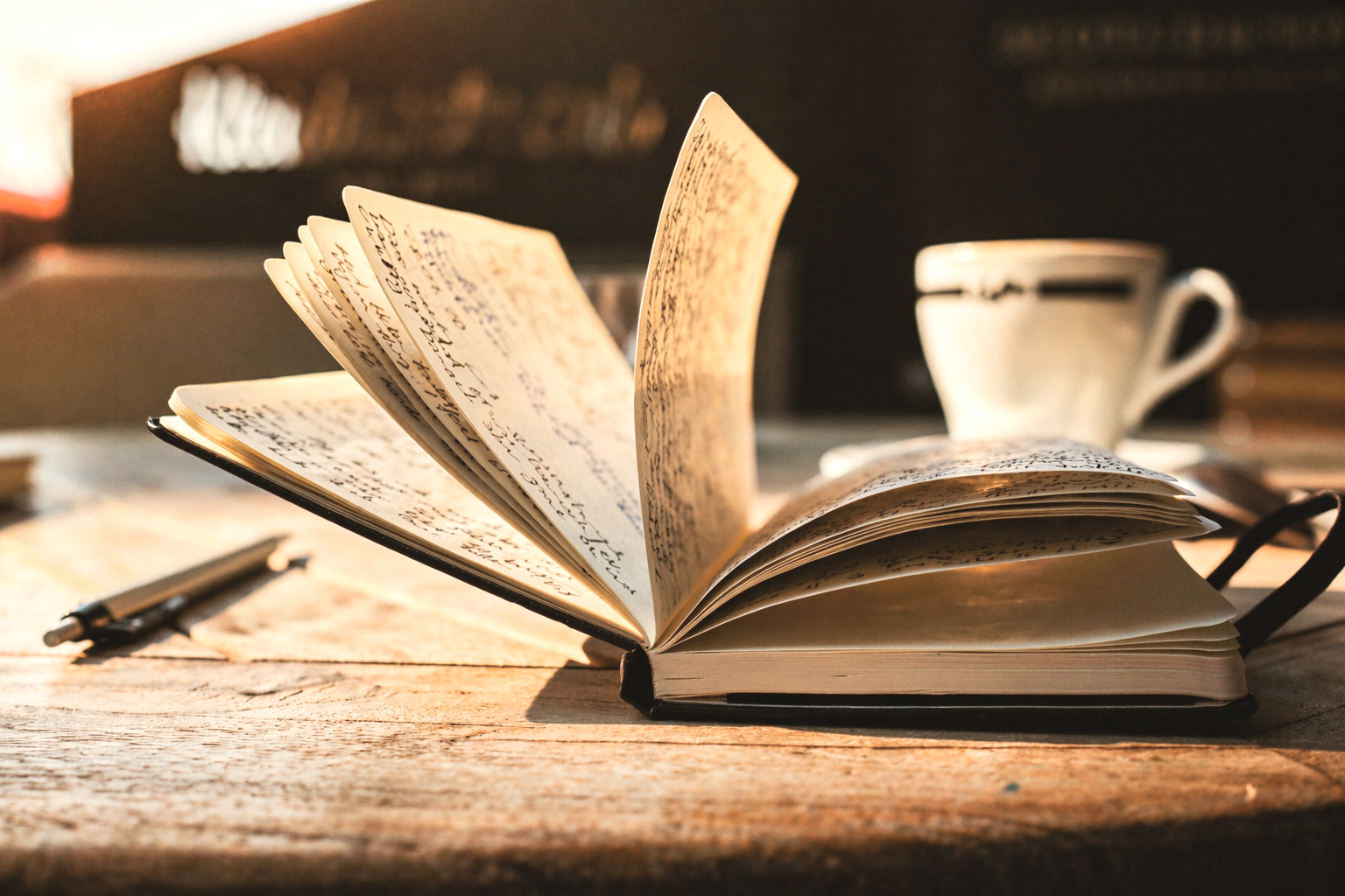 An open notebook with handwritten notes, a black pen, and a white mug with a black rim on a wooden table with sunlight streaming in.