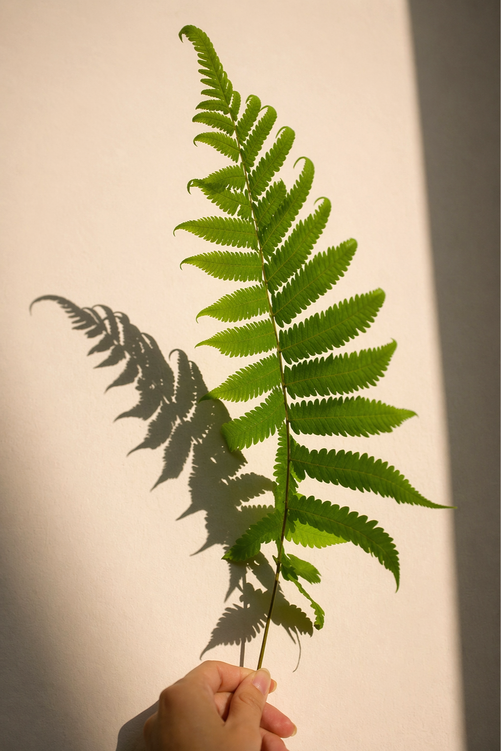 A person's hand holding a green fern leaf against a plain wall, with the shadow of the fern cast on the wall.