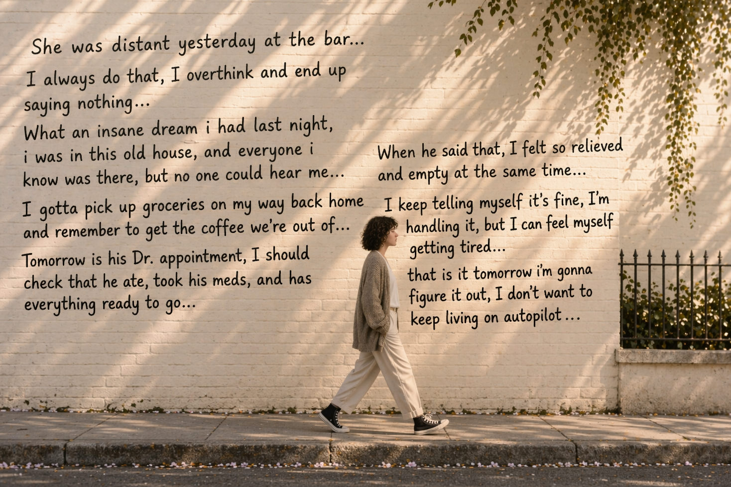 A woman with curly dark hair, wearing a beige cardigan, white shirt, beige pants, and black sneakers, walking past a wall with handwritten text. The wall has a brick pattern, and some greenery is seen hanging from the top right corner. The sidewalk has small fallen flowers or petals.