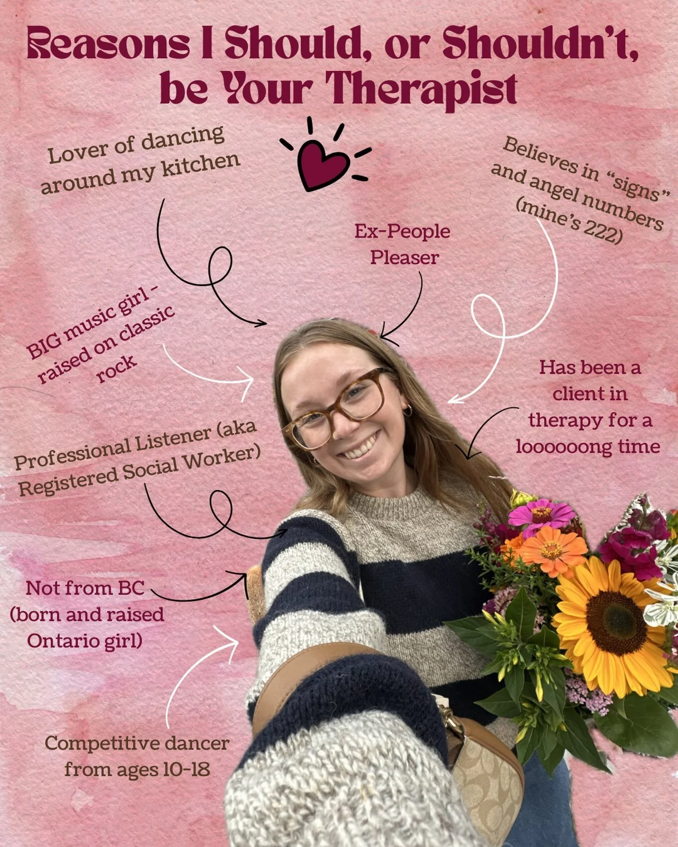 Hi! I&rsquo;m Sarah, a registered social worker (aka RSW) in BC. If you&rsquo;re wondering if I&rsquo;d be a good fit as your therapist - here are some fun facts so you can get to know me. I specialize in working with adults who&rsquo;ve experienced 